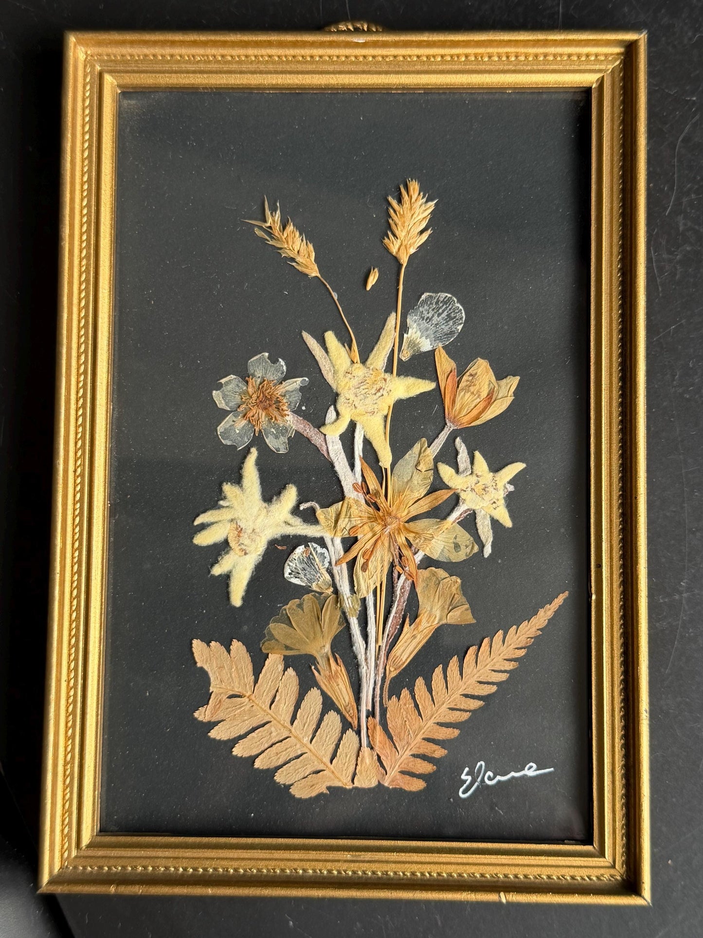 Vintage Edelweiss Painting, Mid-Century Alpen Floral Art, Framed midcentury handpicked alp bouquet
