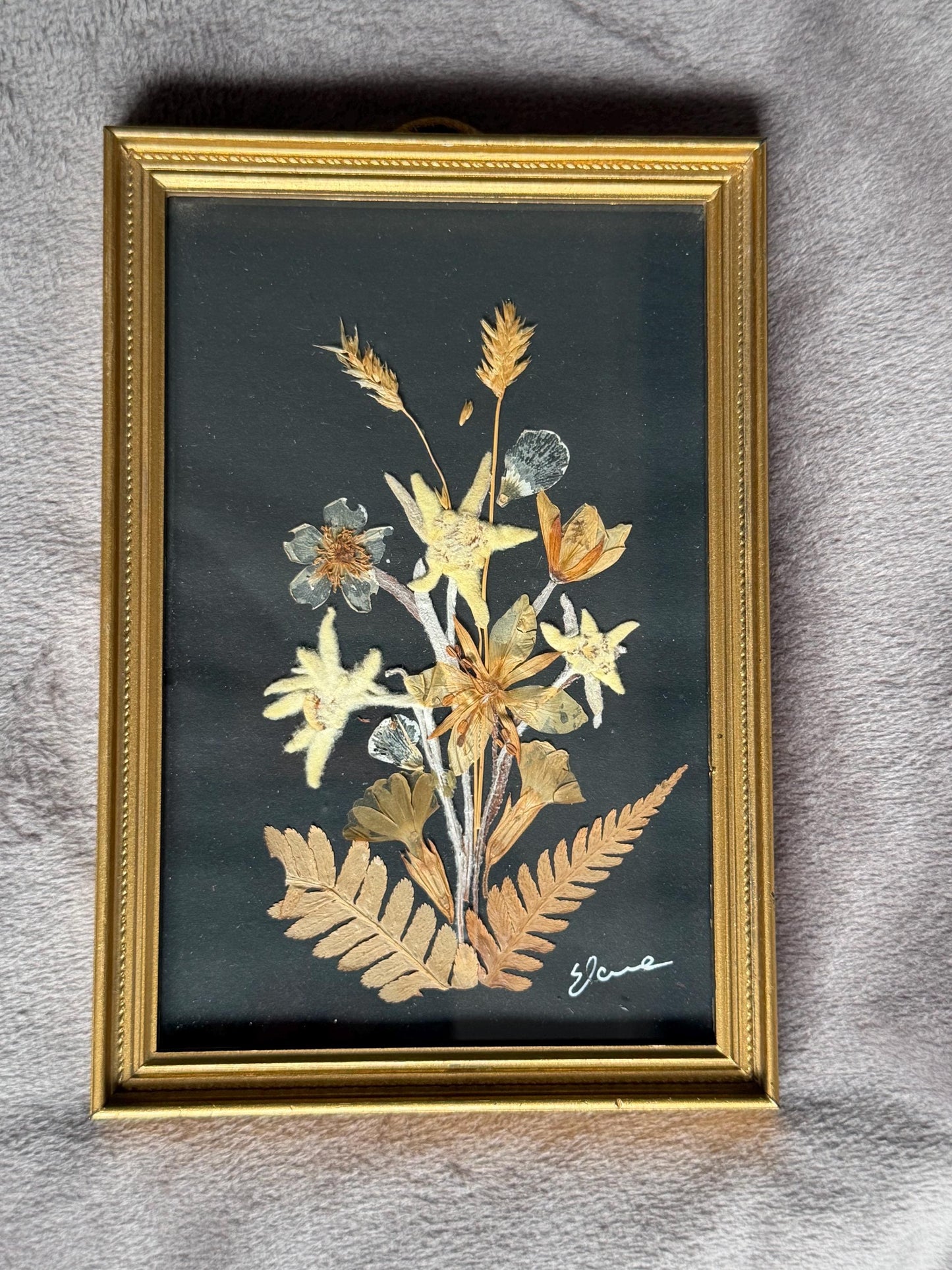 Vintage Edelweiss Painting, Mid-Century Alpen Floral Art, Framed midcentury handpicked alp bouquet