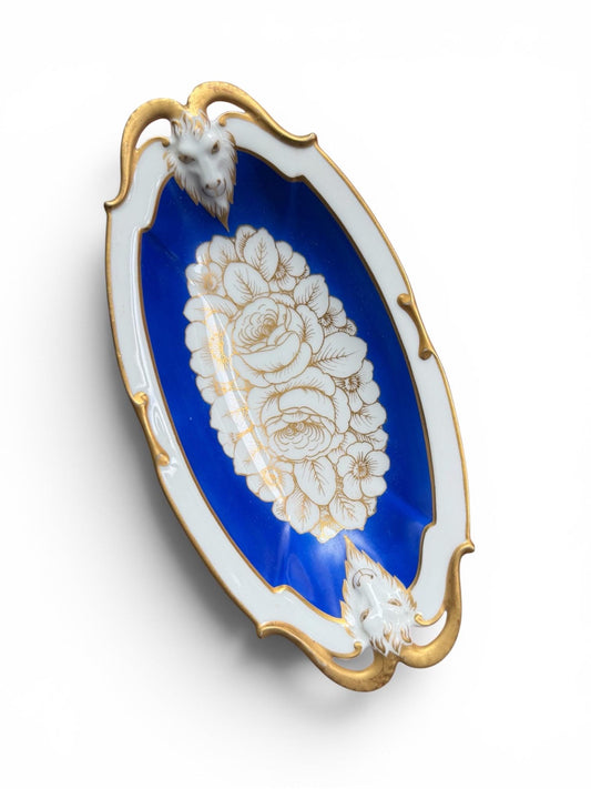 Antique Rosenthal Selb Bavaria Hand-Painted Cobalt & gilt Ornamental Dish, Germany, c. 1920, signed, faun satyr bokkenkoppen goat masks