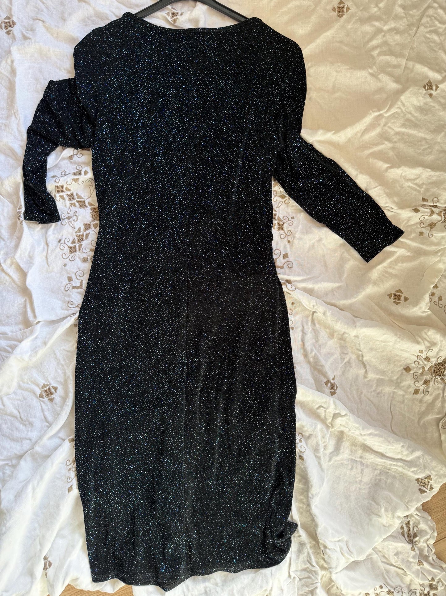 Vintage Ossie Clark London Sparkle Dress Black Evening Cocktail Dress Ruched Waist Party Dress UK 12 EU 40 Glitter Dress Couture fashionista