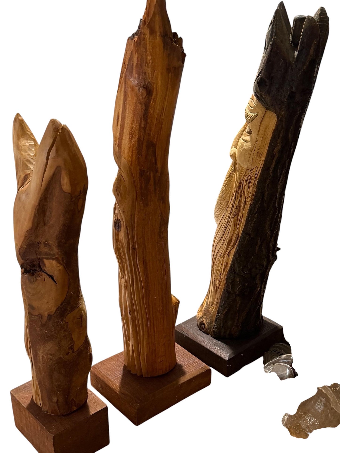3 large woodcarving figures home and  garden statues, set of 3 tree men, unica from dutch handcarving artist