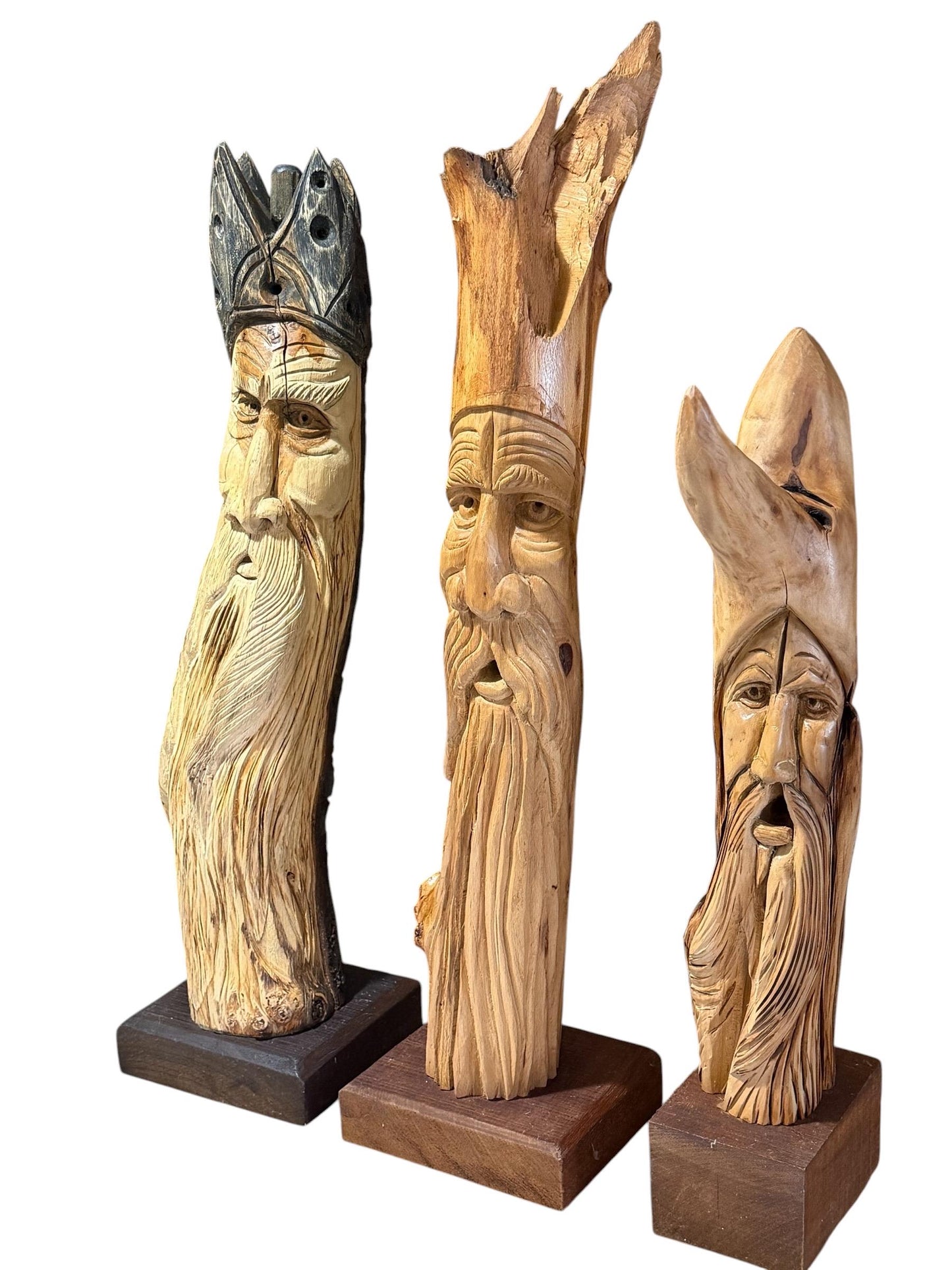 3 large woodcarving figures home and  garden statues, set of 3 tree men, unica from dutch handcarving artist