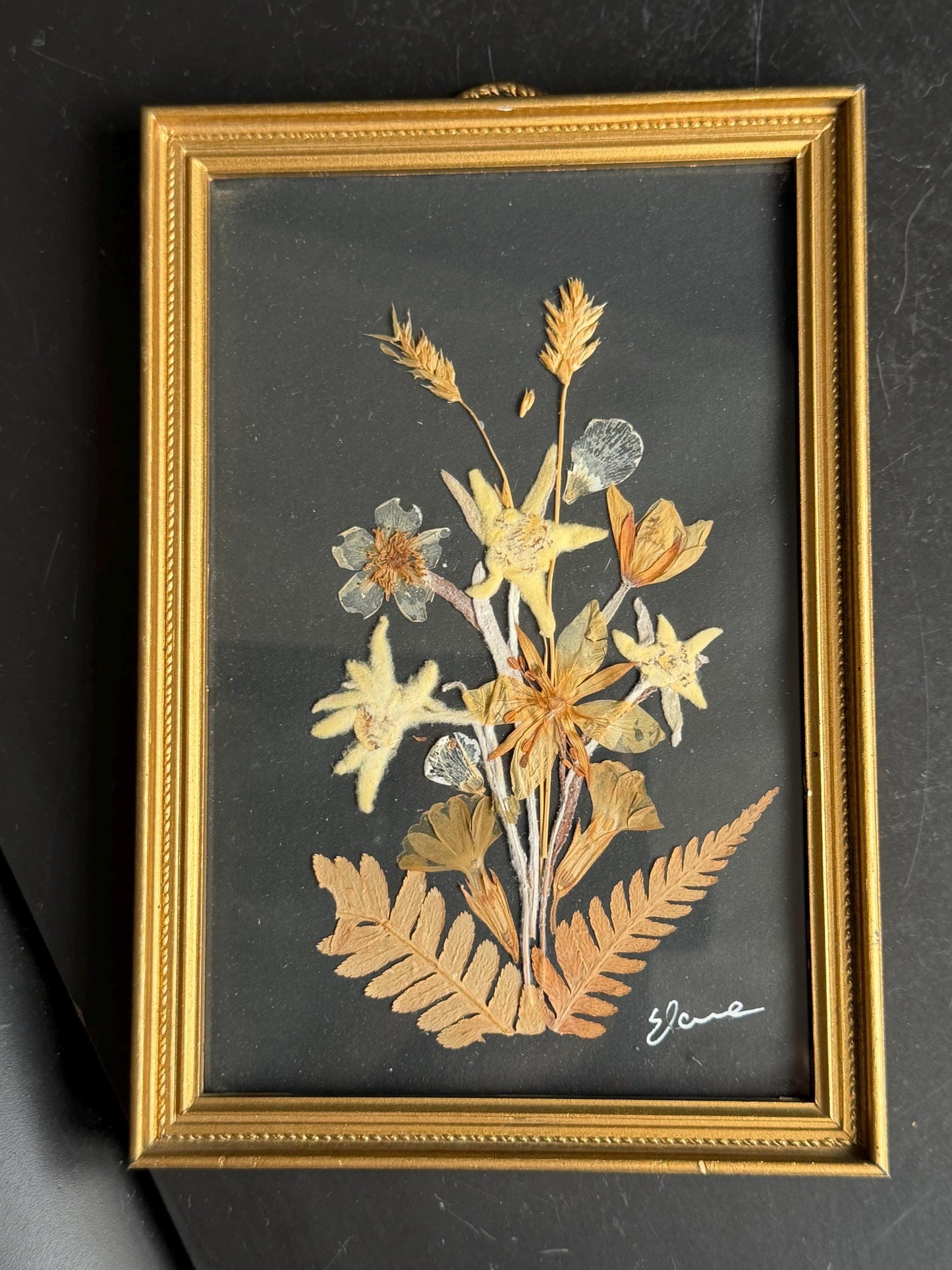 Vintage Edelweiss Painting, Mid-Century Alpen Floral Art, Framed midcentury handpicked alp bouquet