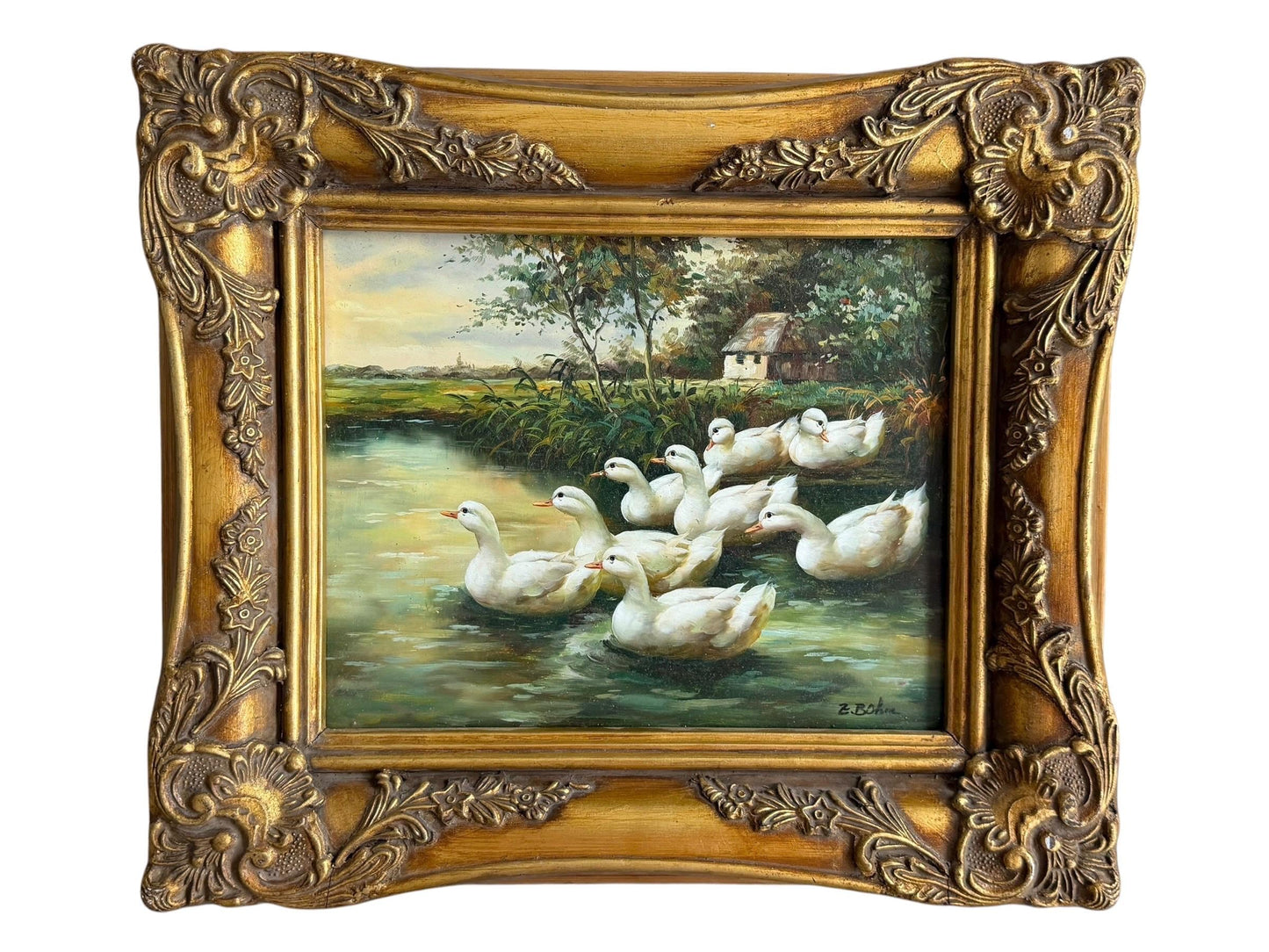 Swiss Oil Painting - a family of white Ducks - E. Bohm, incl. Certificate of authenticity, framed, perfect condition, vintage, 31 x 36 cm
