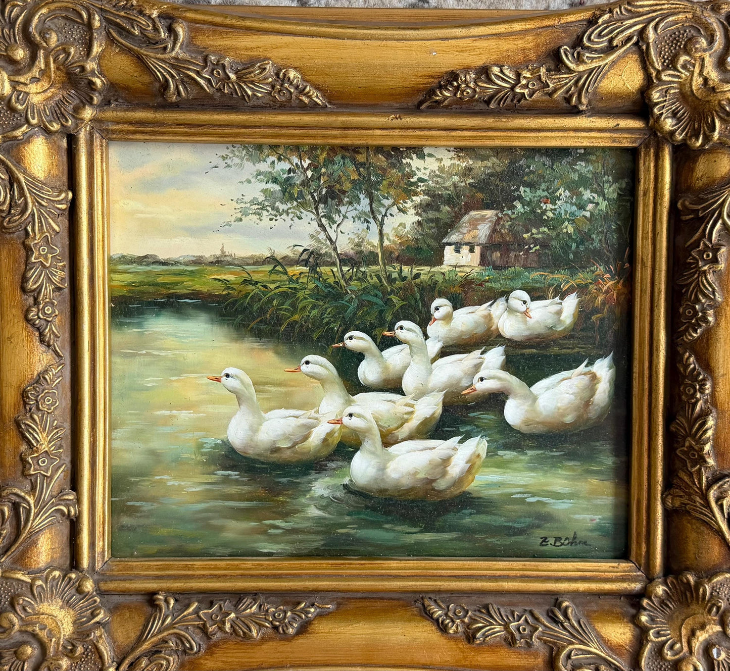 Swiss Oil Painting - a family of white Ducks - E. Bohm, incl. Certificate of authenticity, framed, perfect condition, vintage, 31 x 36 cm