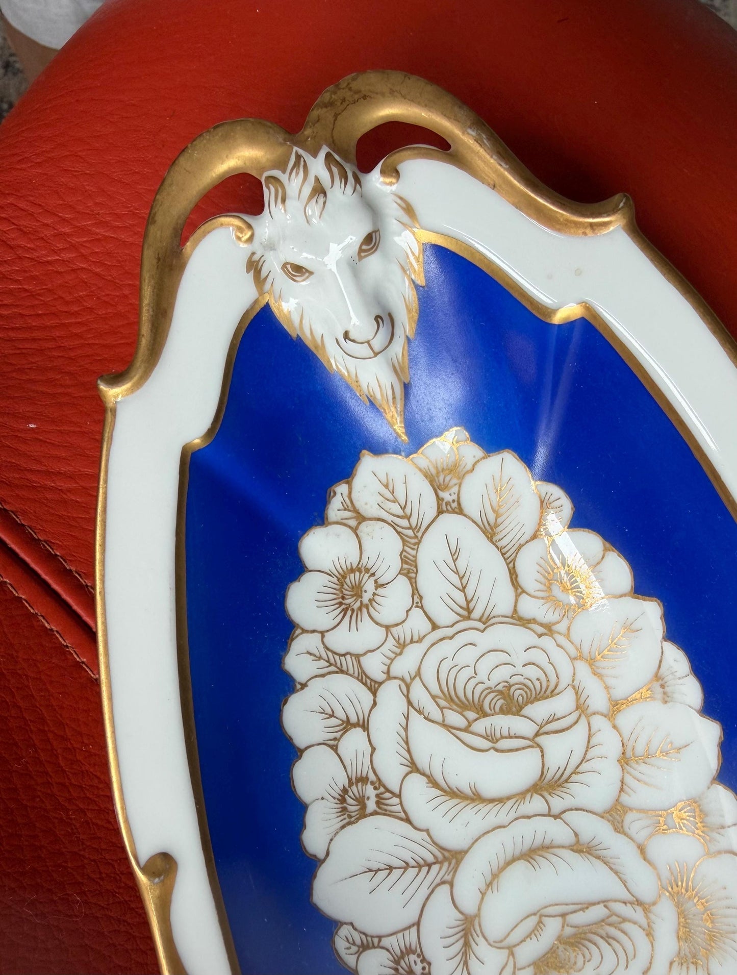 Antique Rosenthal Selb Bavaria Hand-Painted Cobalt & gilt Ornamental Dish, Germany, c. 1920, signed, faun satyr bokkenkoppen goat masks