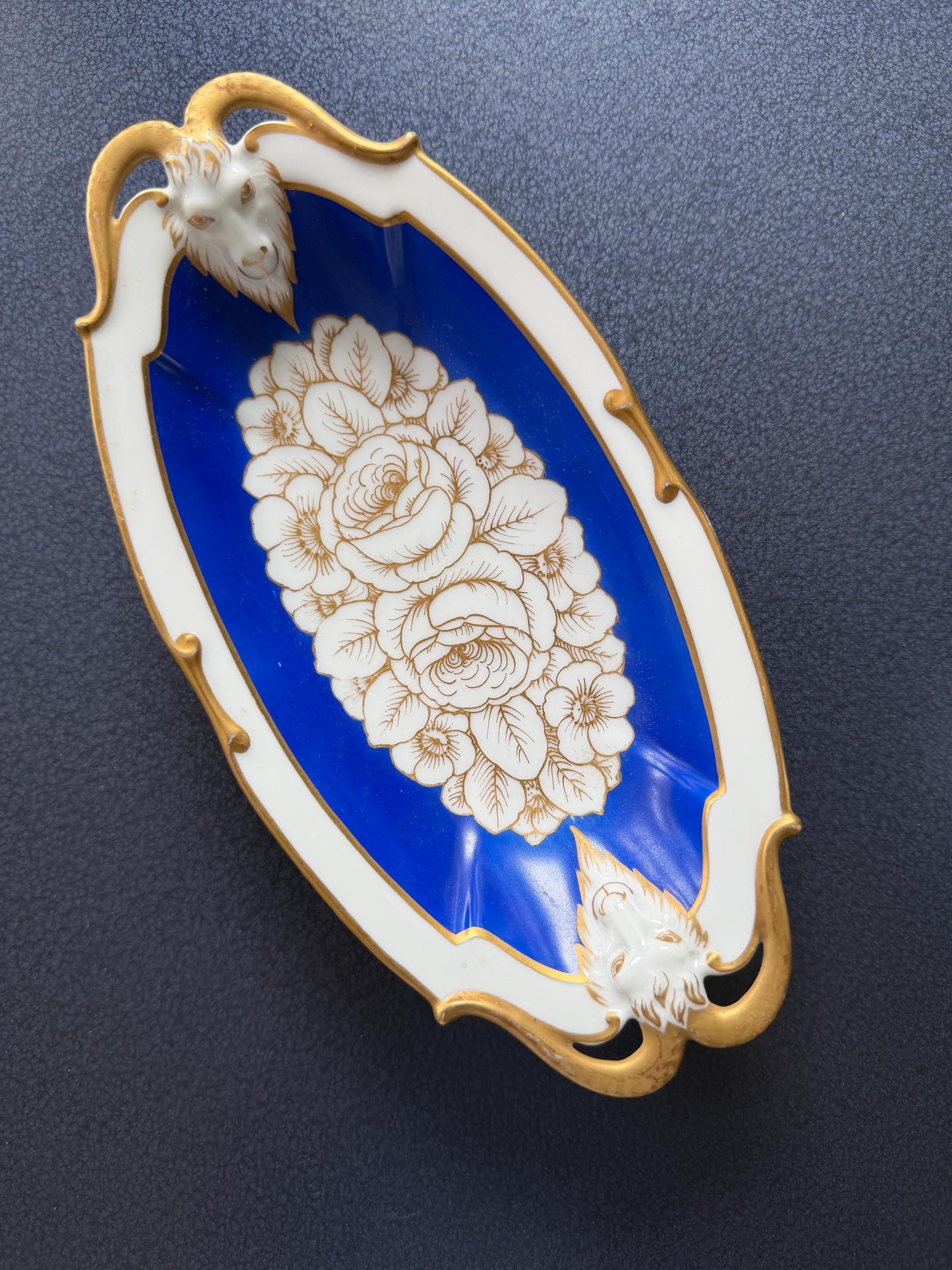 Antique Rosenthal Selb Bavaria Hand-Painted Cobalt & gilt Ornamental Dish, Germany, c. 1920, signed, faun satyr bokkenkoppen goat masks