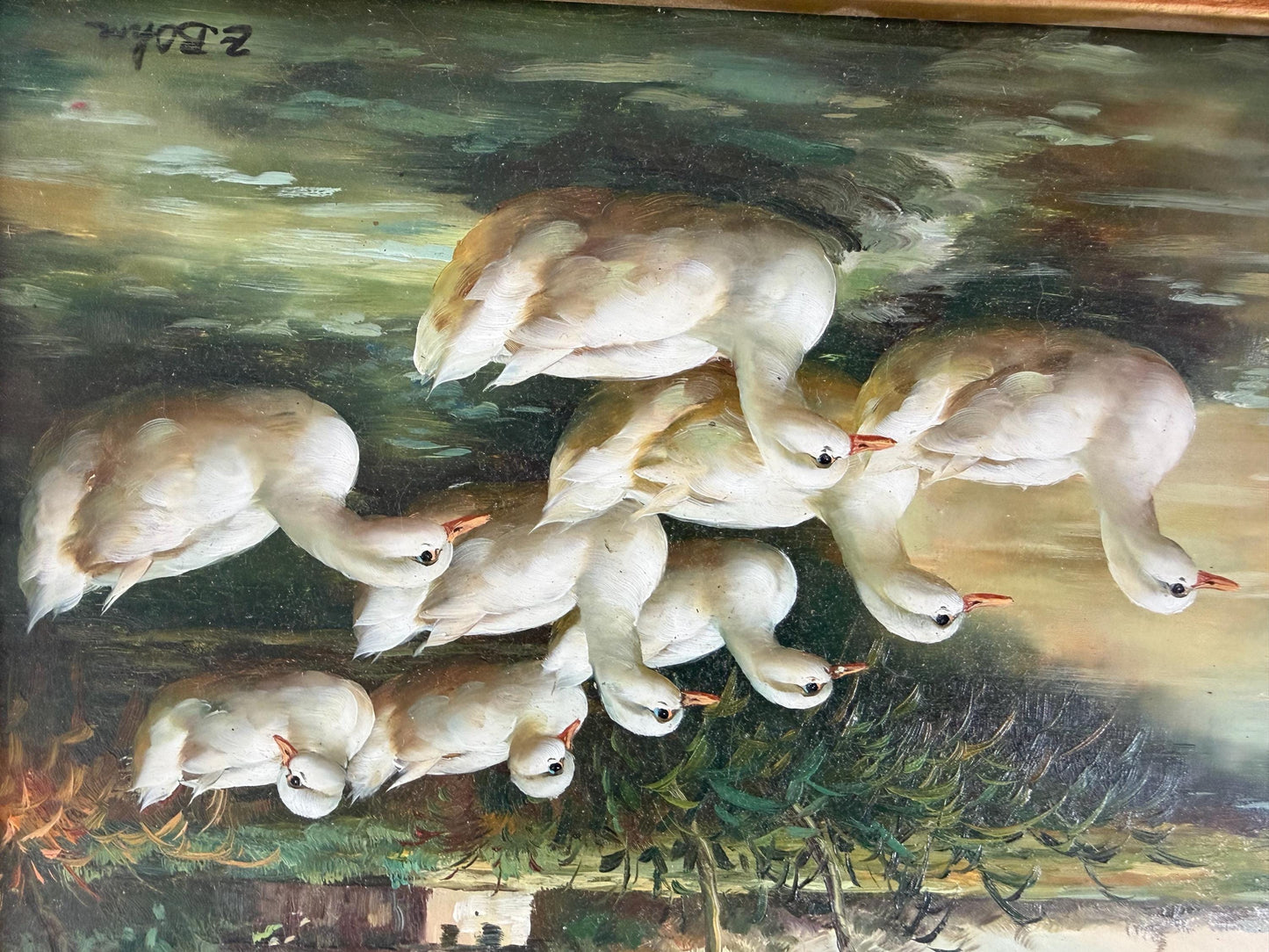 Swiss Oil Painting - a family of white Ducks - E. Bohm, incl. Certificate of authenticity, framed, perfect condition, vintage, 31 x 36 cm