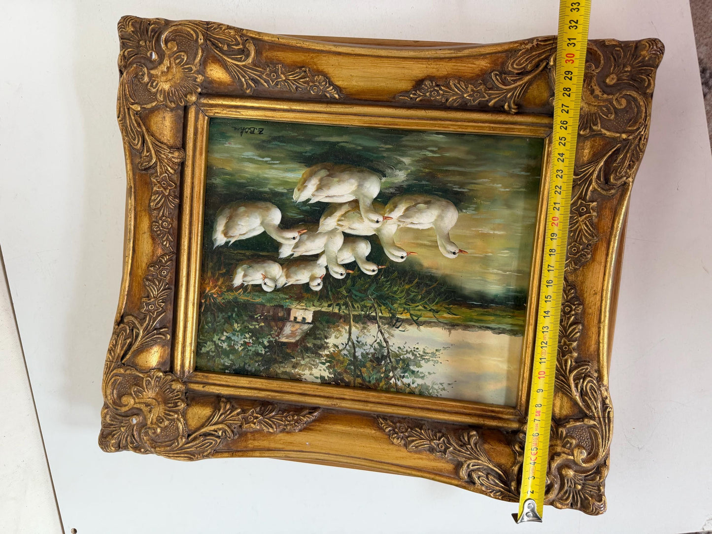 Swiss Oil Painting - a family of white Ducks - E. Bohm, incl. Certificate of authenticity, framed, perfect condition, vintage, 31 x 36 cm