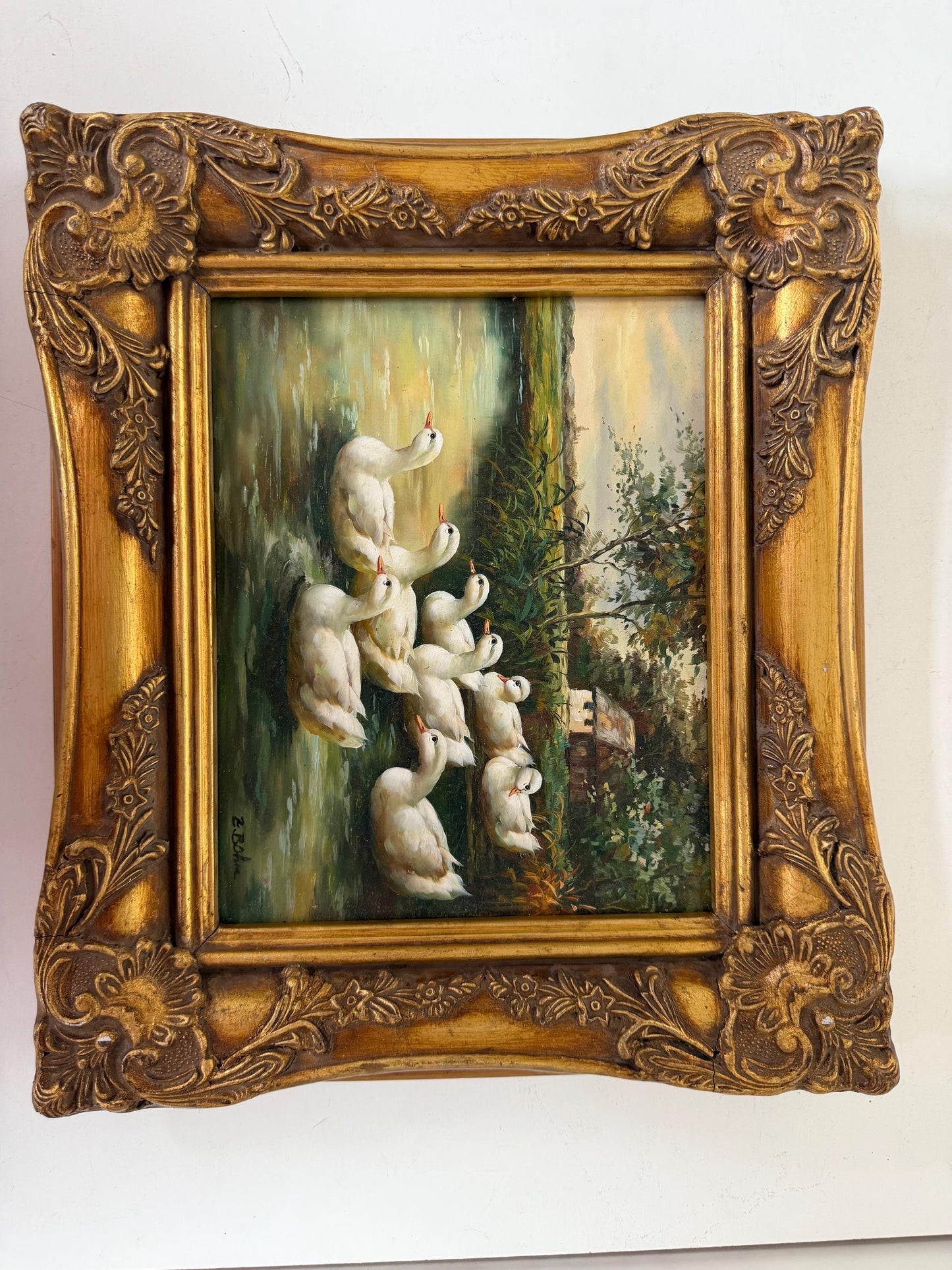 Swiss Oil Painting - a family of white Ducks - E. Bohm, incl. Certificate of authenticity, framed, perfect condition, vintage, 31 x 36 cm