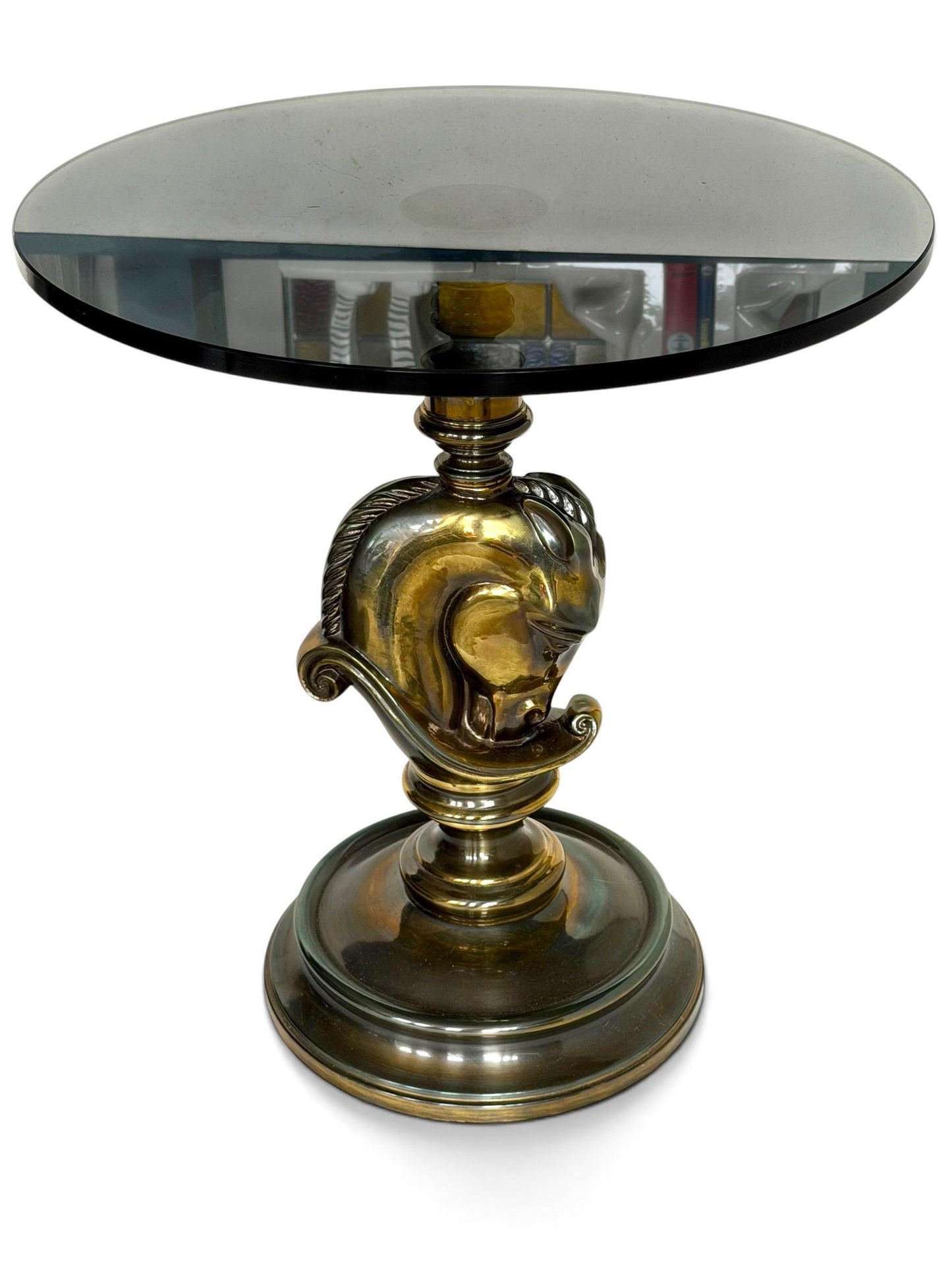 horse sidetable, hollywood regency brass and glass horsehead table, 1970s, deknudt belgian gallery