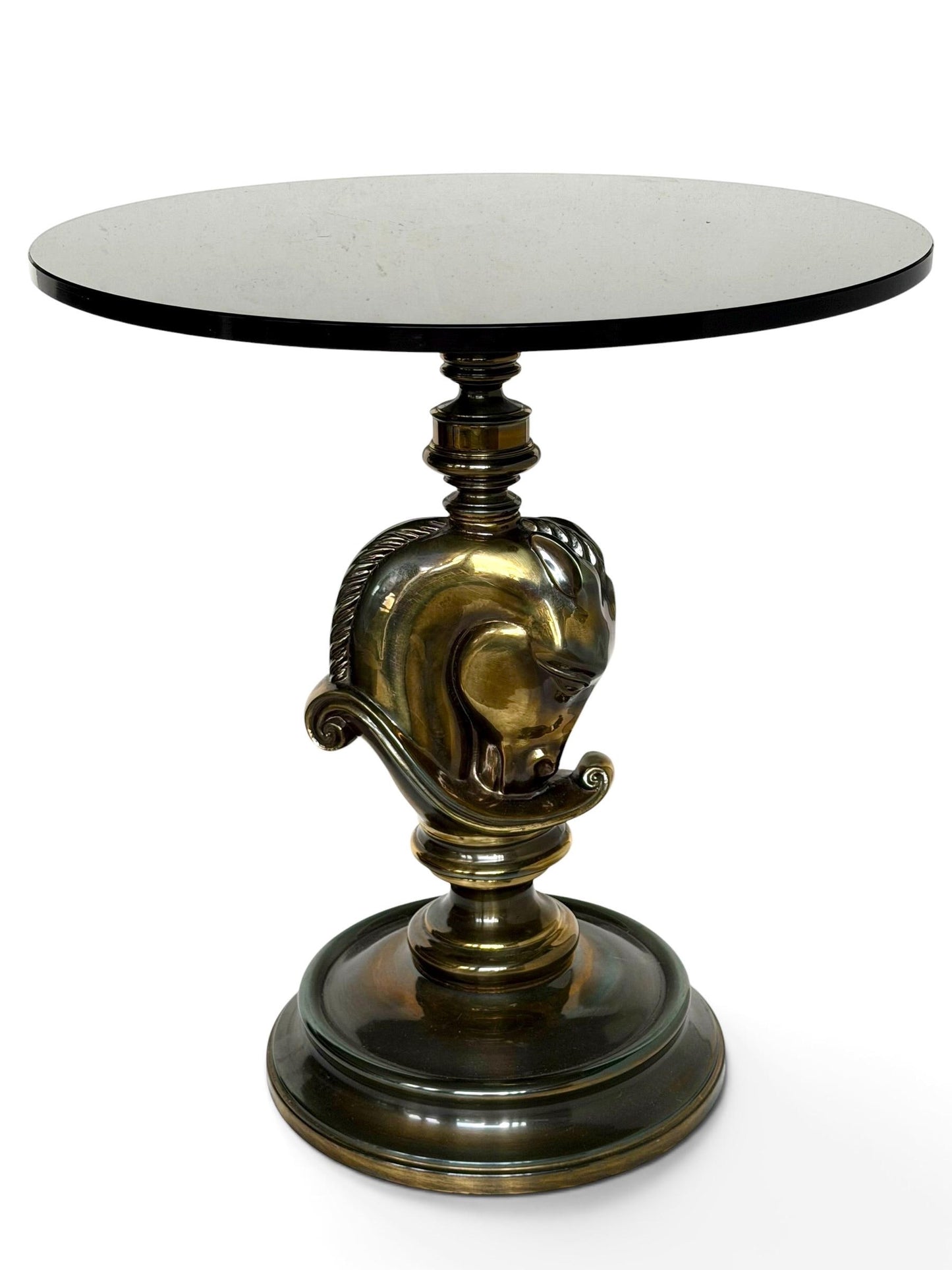 horse sidetable, hollywood regency brass and glass horsehead table, 1970s, deknudt belgian gallery