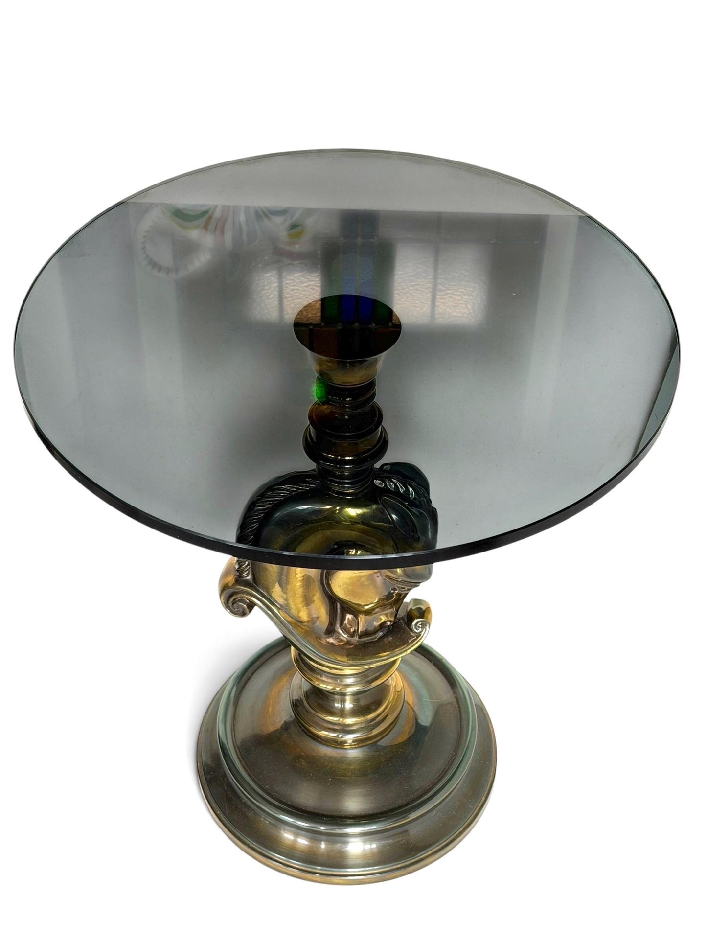 horse sidetable, hollywood regency brass and glass horsehead table, 1970s, deknudt belgian gallery