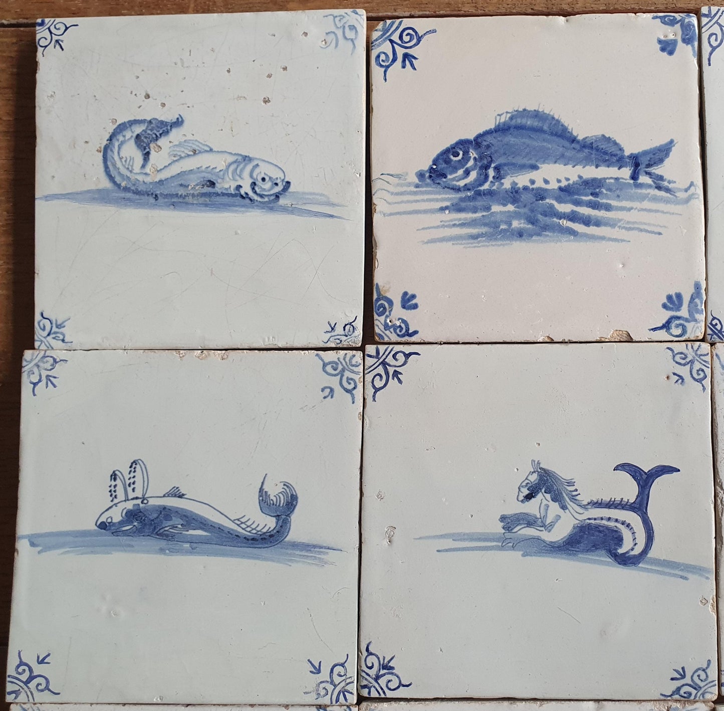 Antique Delft Mermaid Tiles, 17th Century Dutch Seascape, Set of 9