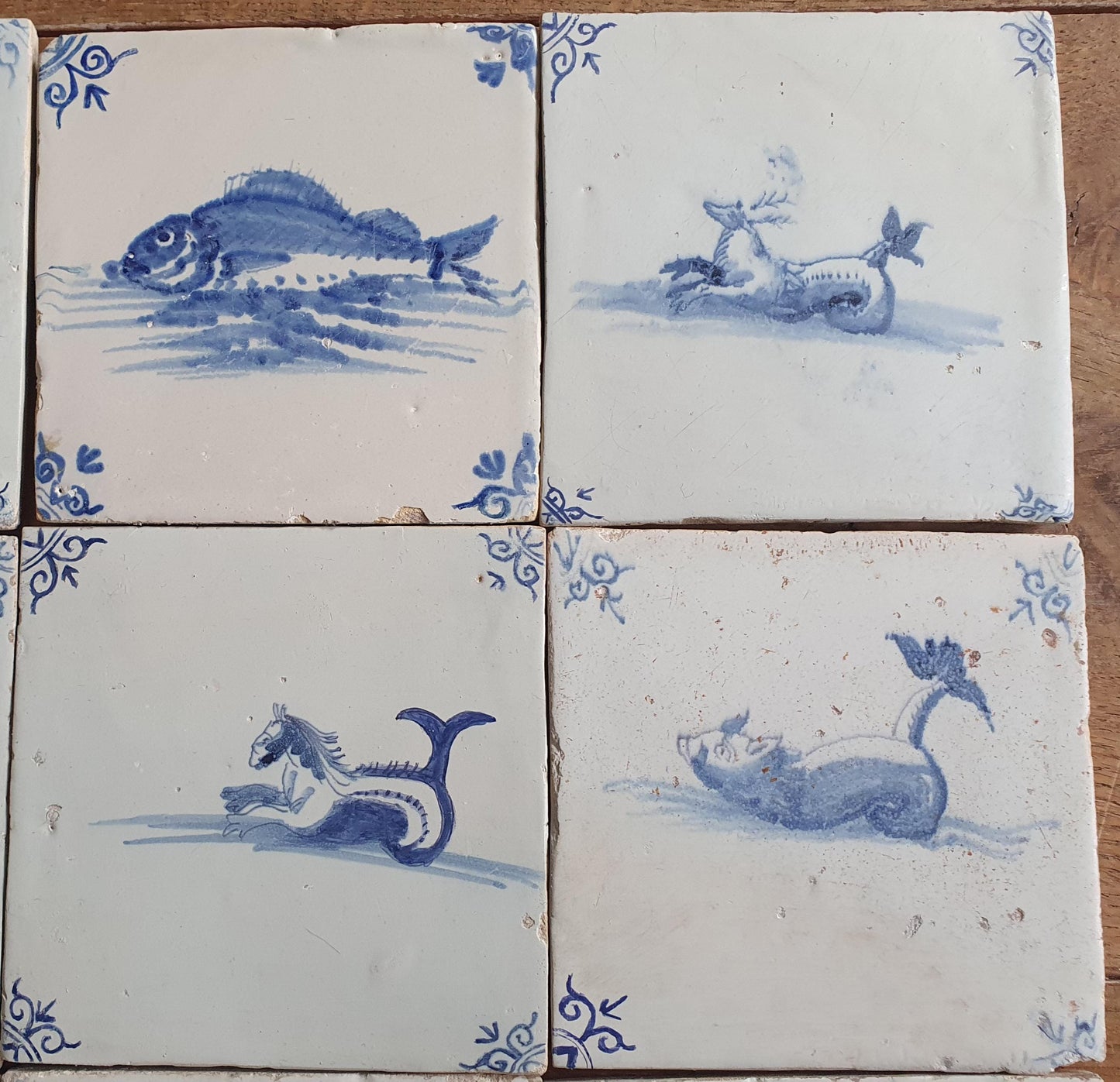 Antique Delft Mermaid Tiles, 17th Century Dutch Seascape, Set of 9