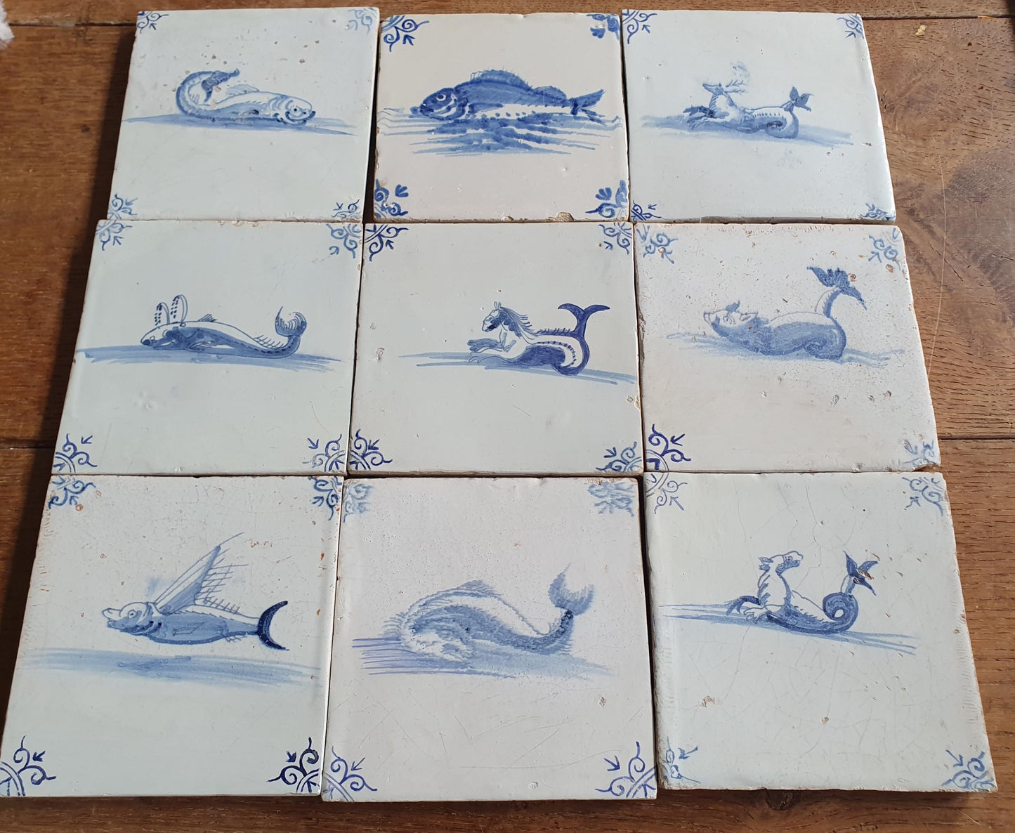 Antique Delft Mermaid Tiles, 17th Century Dutch Seascape, Set of 9