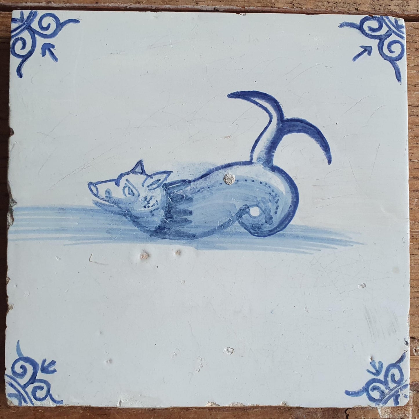 Antique Delft Mermaid Tiles, 17th Century Dutch Seascape, Set of 4