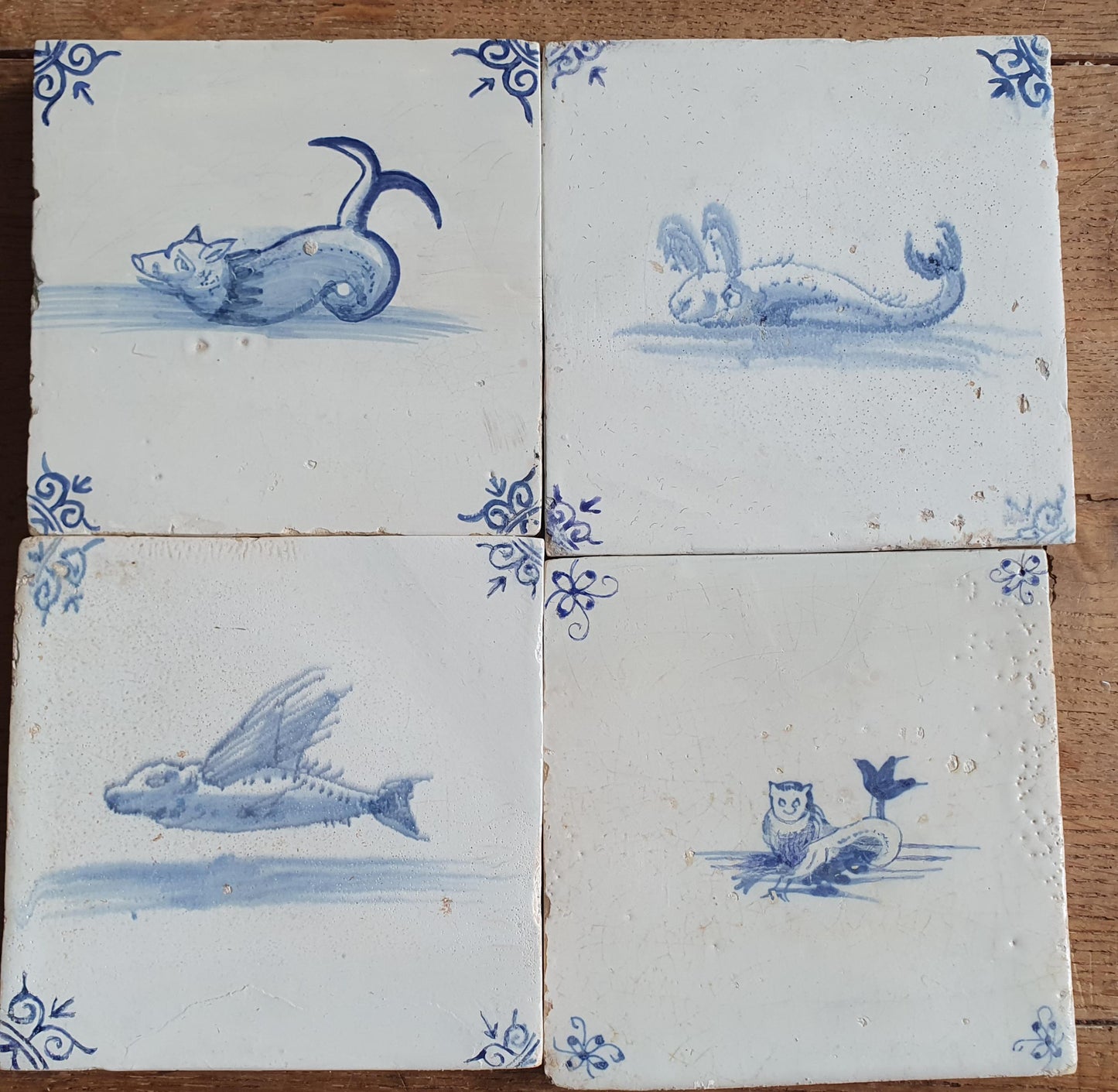 Antique Delft Mermaid Tiles, 17th Century Dutch Seascape, Set of 4