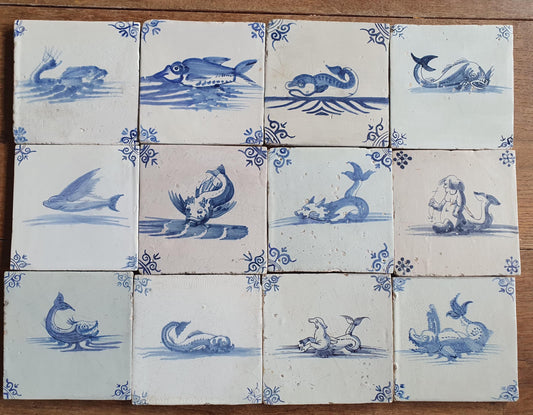 Antique Delft Mermaid Tiles, 17th Century Dutch Seascape, Set of 12