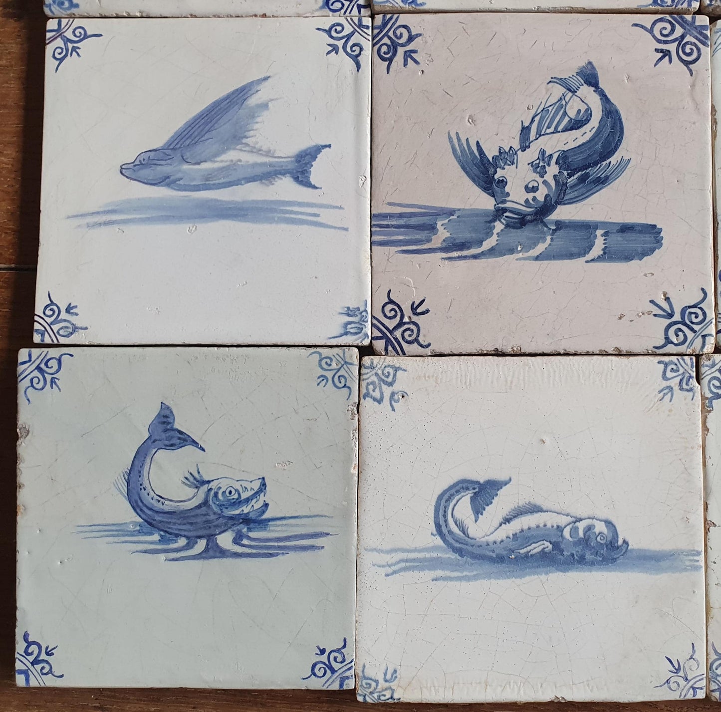 Antique Delft Mermaid Tiles, 17th Century Dutch Seascape, Set of 12