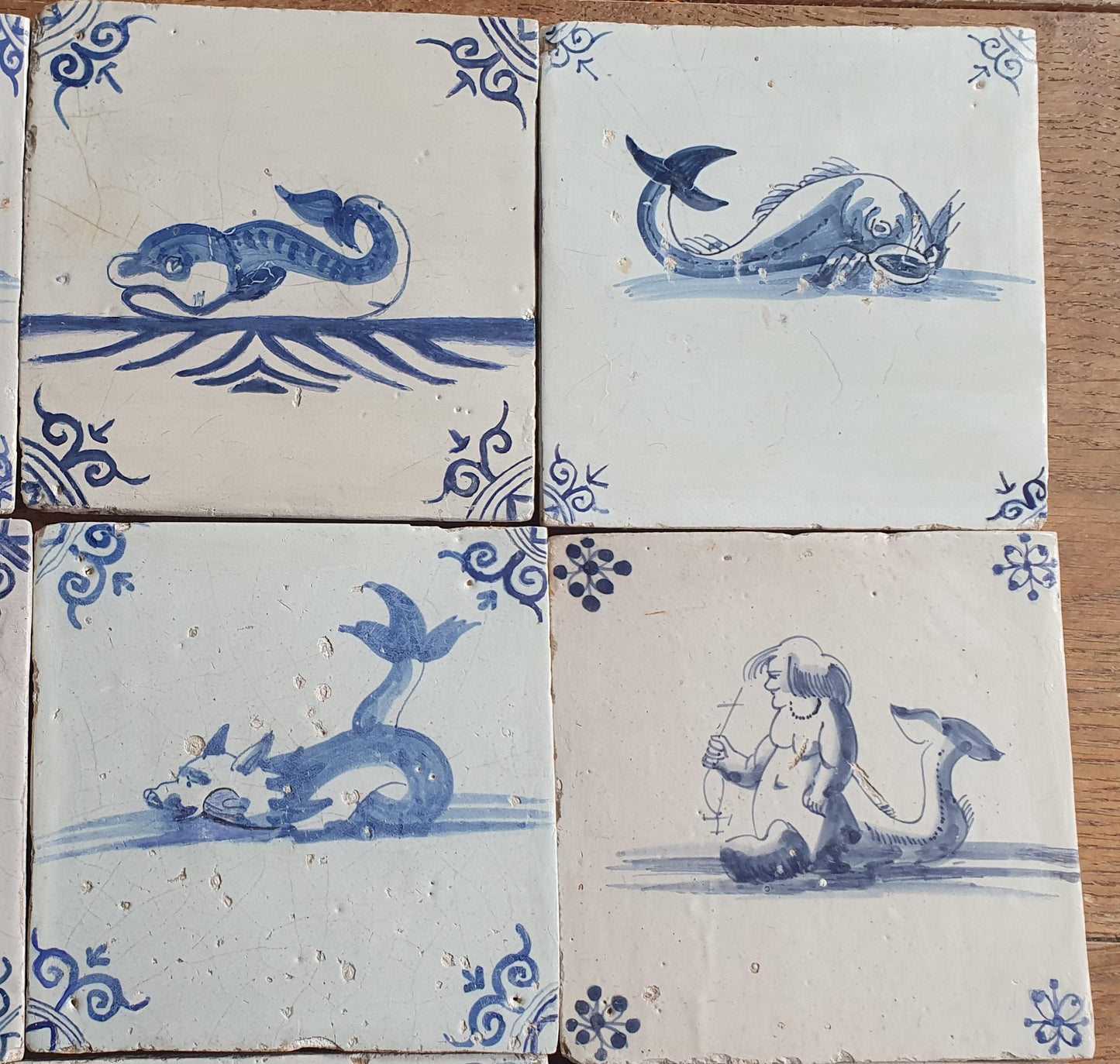 Antique Delft Mermaid Tiles, 17th Century Dutch Seascape, Set of 12
