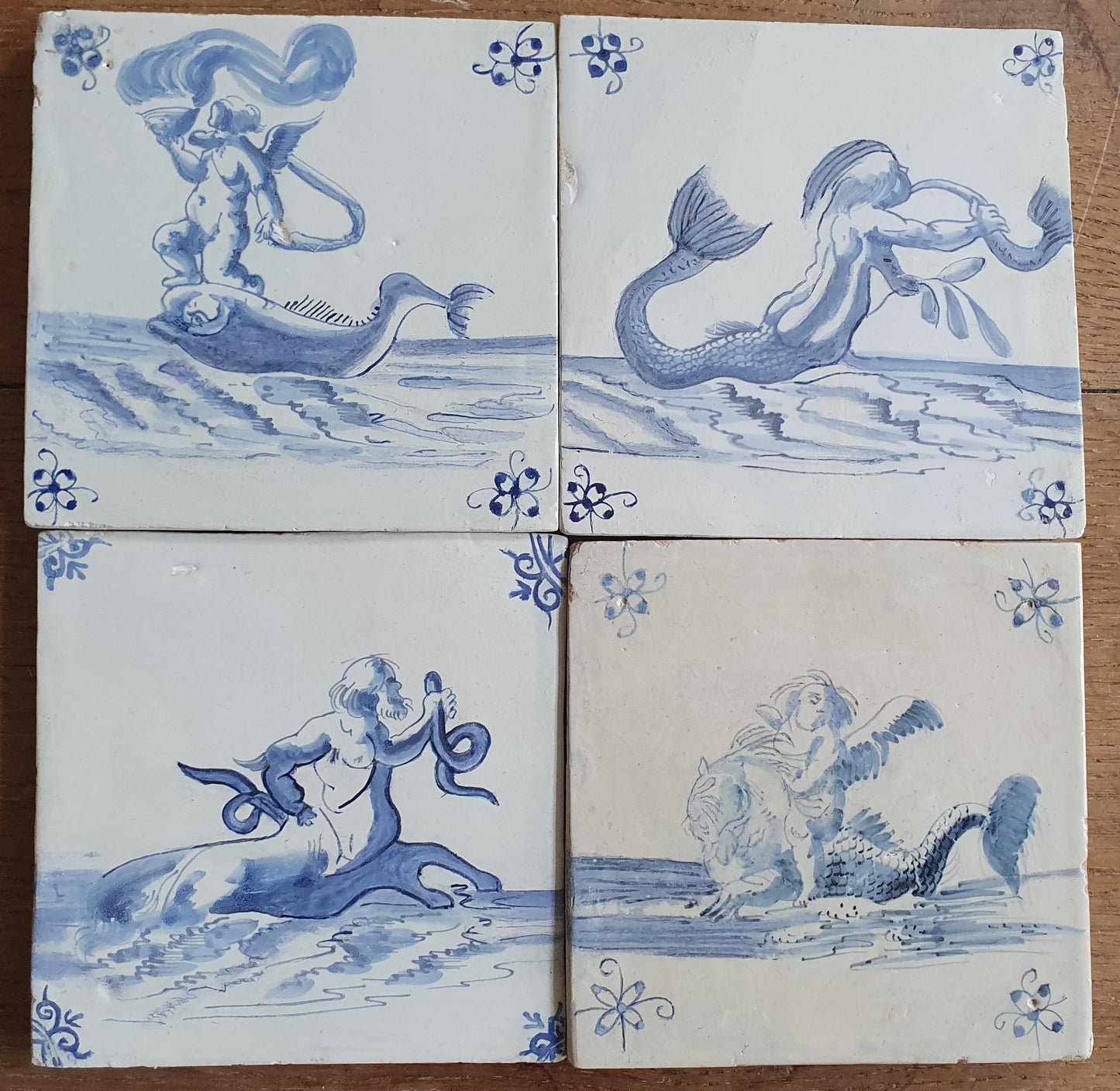 Antique Delft Mermaid Tiles, 17th Century Dutch Seascape, Set of 4