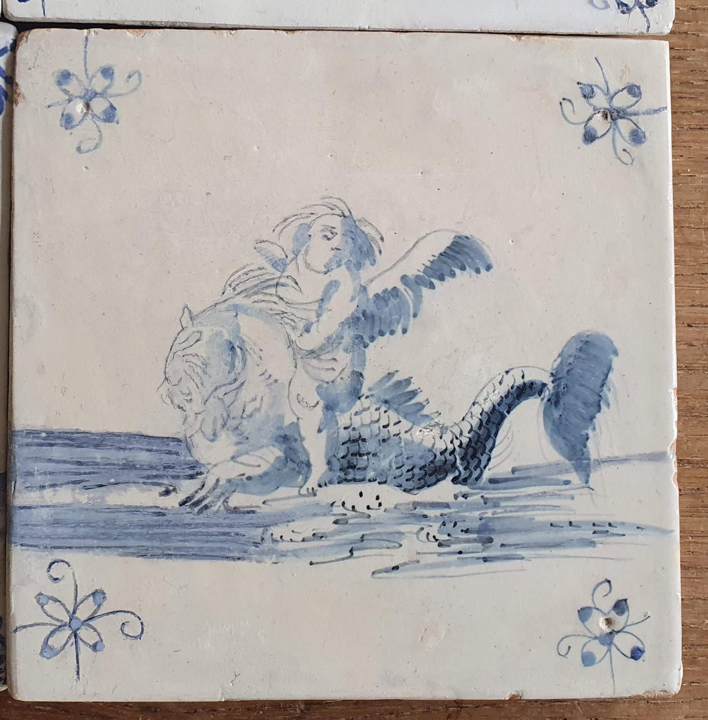 Antique Delft Mermaid Tiles, 17th Century Dutch Seascape, Set of 4