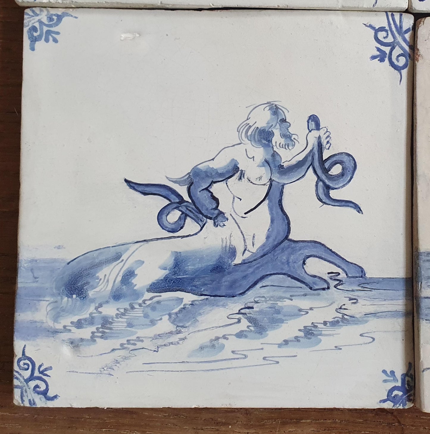 Antique Delft Mermaid Tiles, 17th Century Dutch Seascape, Set of 4