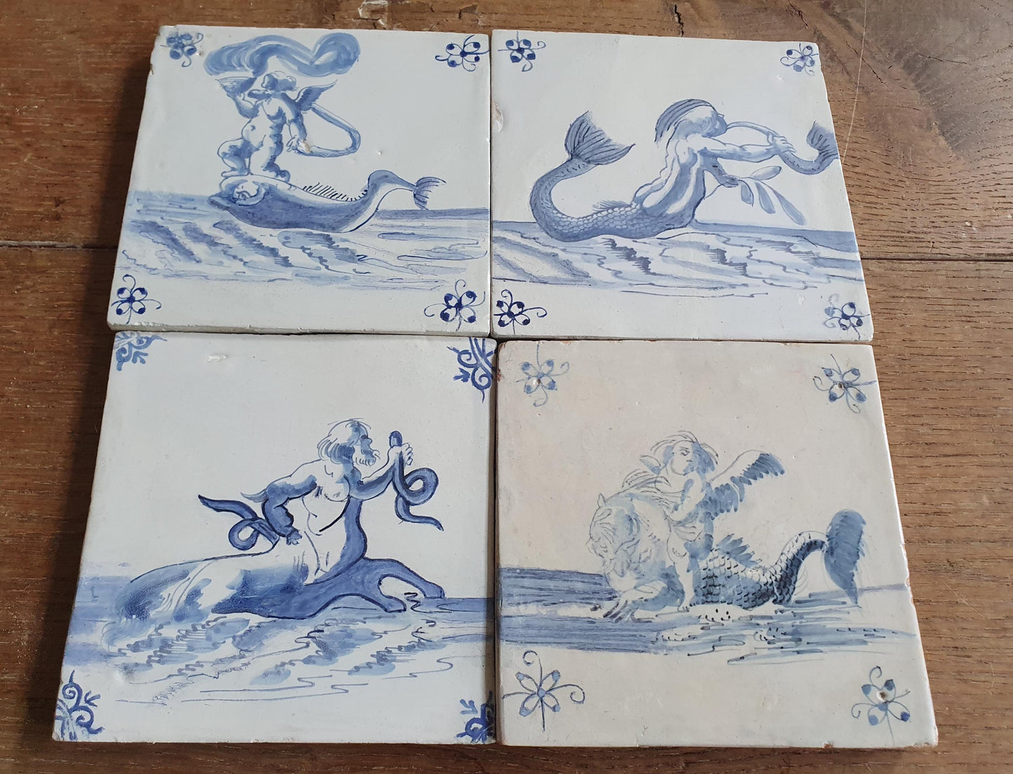 Antique Delft Mermaid Tiles, 17th Century Dutch Seascape, Set of 4