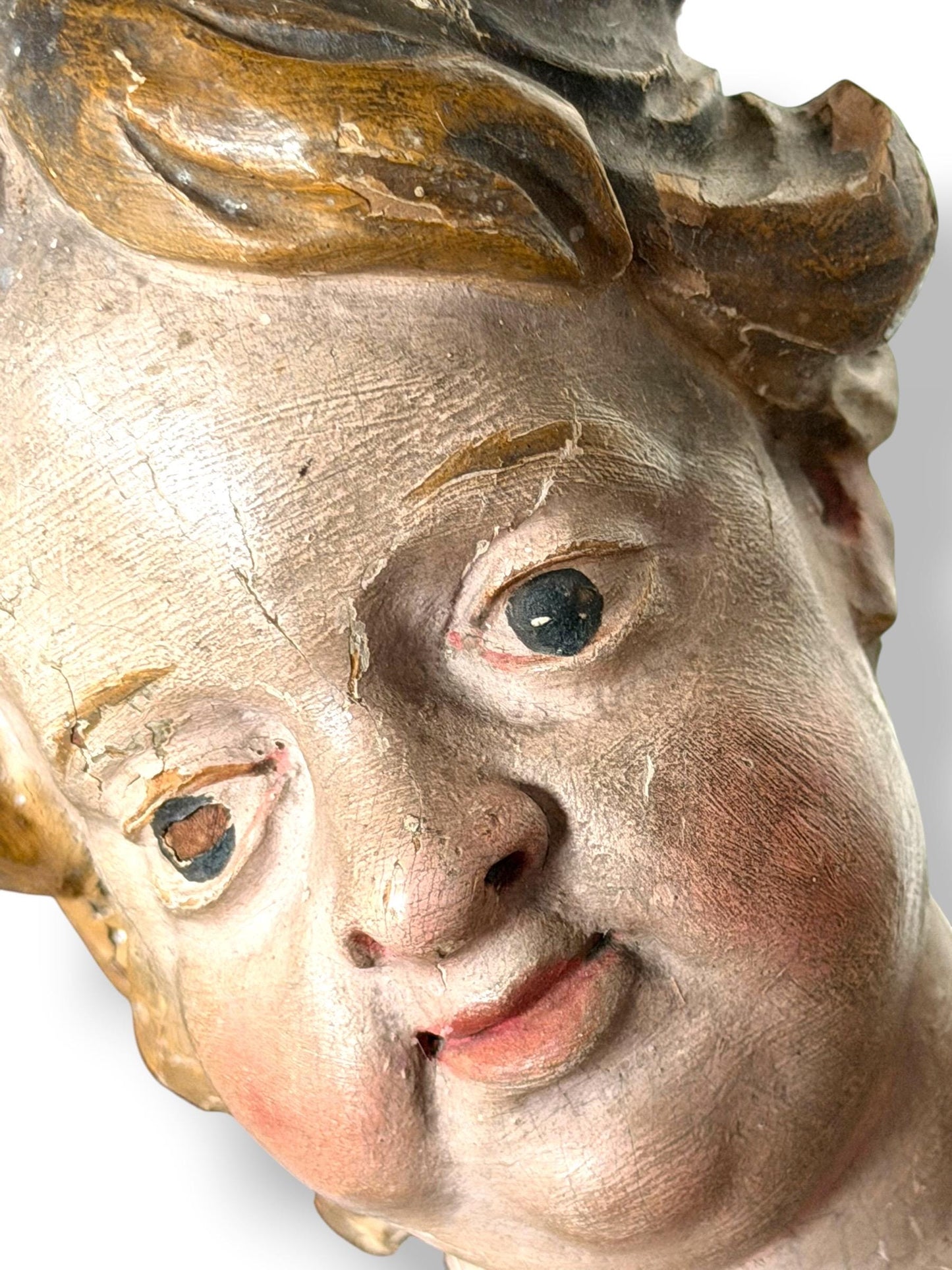 Large antique Cherub, 18th Century Austrian Baroque Putto – Polychromed and Gilded Wood