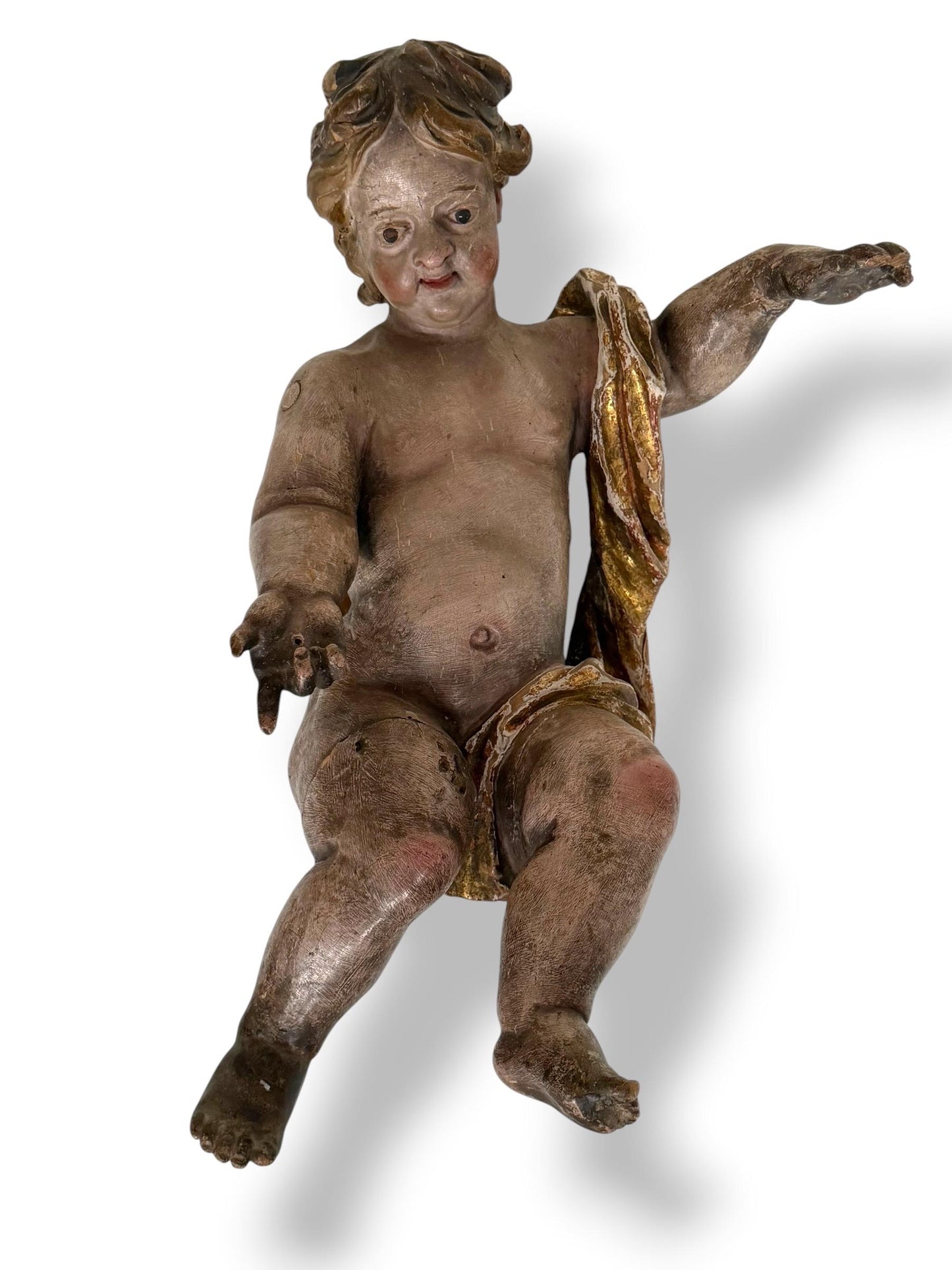 Large antique Cherub, 18th Century Austrian Baroque Putto – Polychromed and Gilded Wood