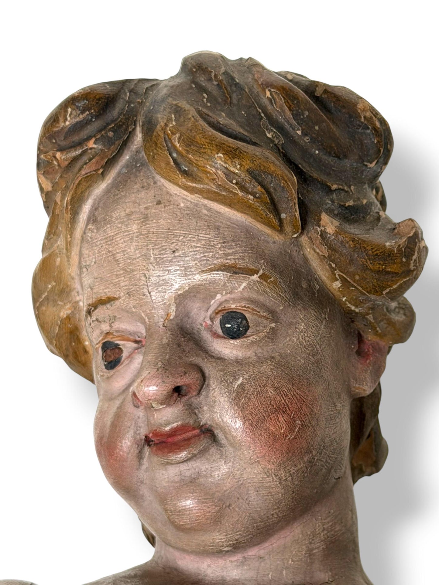 Large antique Cherub, 18th Century Austrian Baroque Putto – Polychromed and Gilded Wood