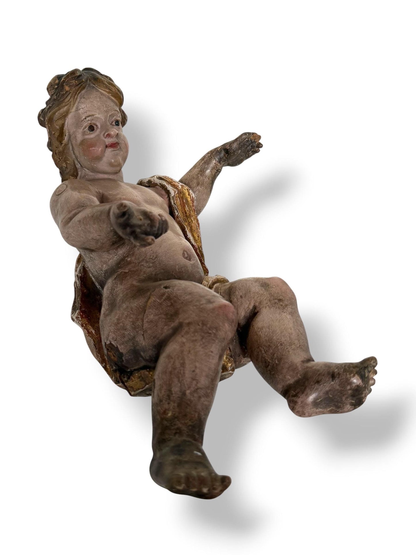 Large antique Cherub, 18th Century Austrian Baroque Putto – Polychromed and Gilded Wood