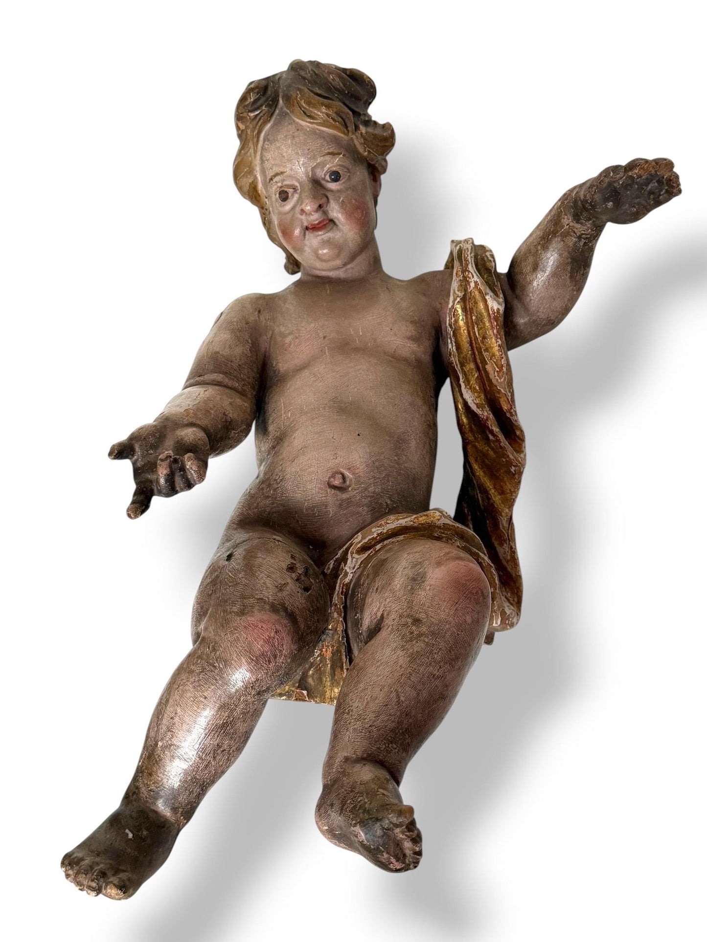 Large antique Cherub, 18th Century Austrian Baroque Putto – Polychromed and Gilded Wood