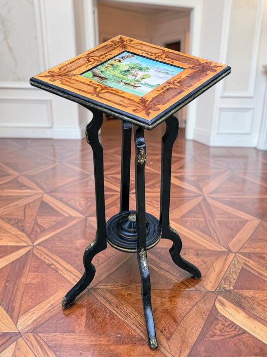 French Napoleon III Marquetry Plant Stand with Hand-Painted Ceramic Tile, circa 1860, antique sidetable.
