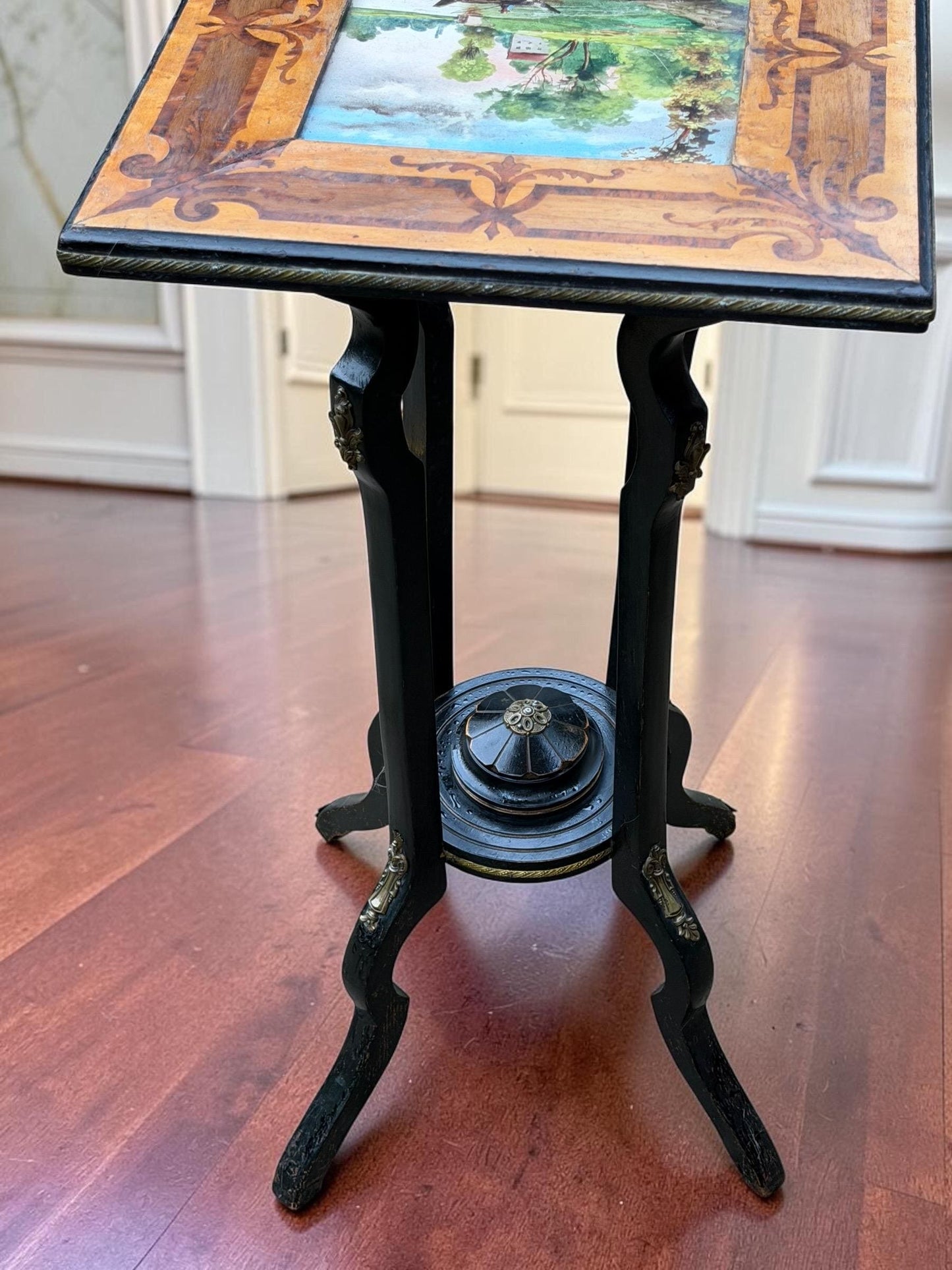 French Napoleon III Marquetry Plant Stand with Hand-Painted Ceramic Tile, circa 1860, antique sidetable.