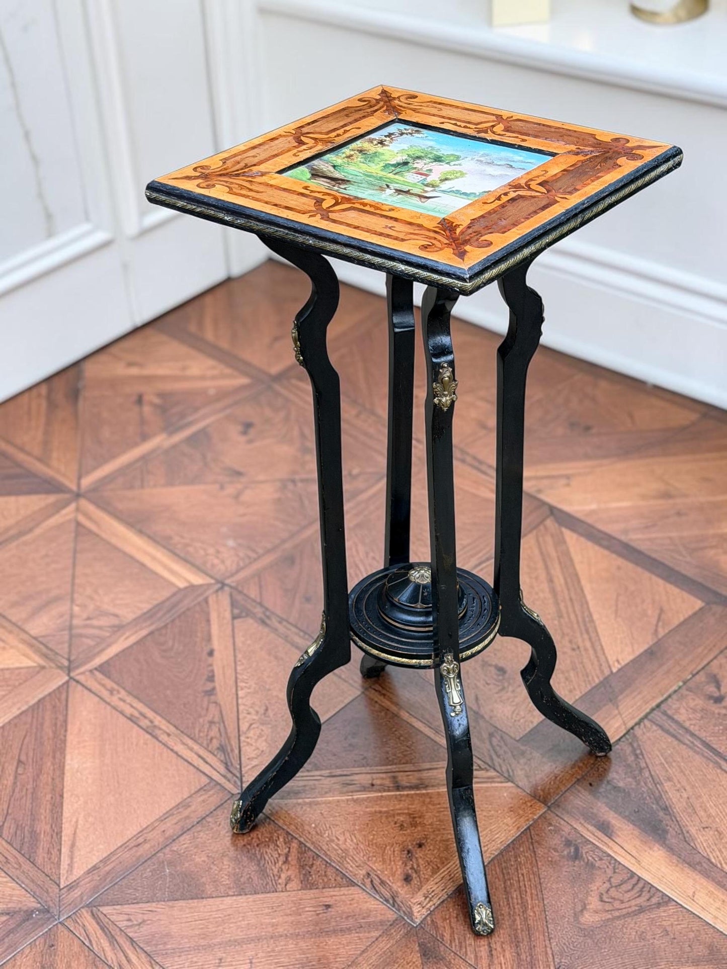 French Napoleon III Marquetry Plant Stand with Hand-Painted Ceramic Tile, circa 1860, antique sidetable.