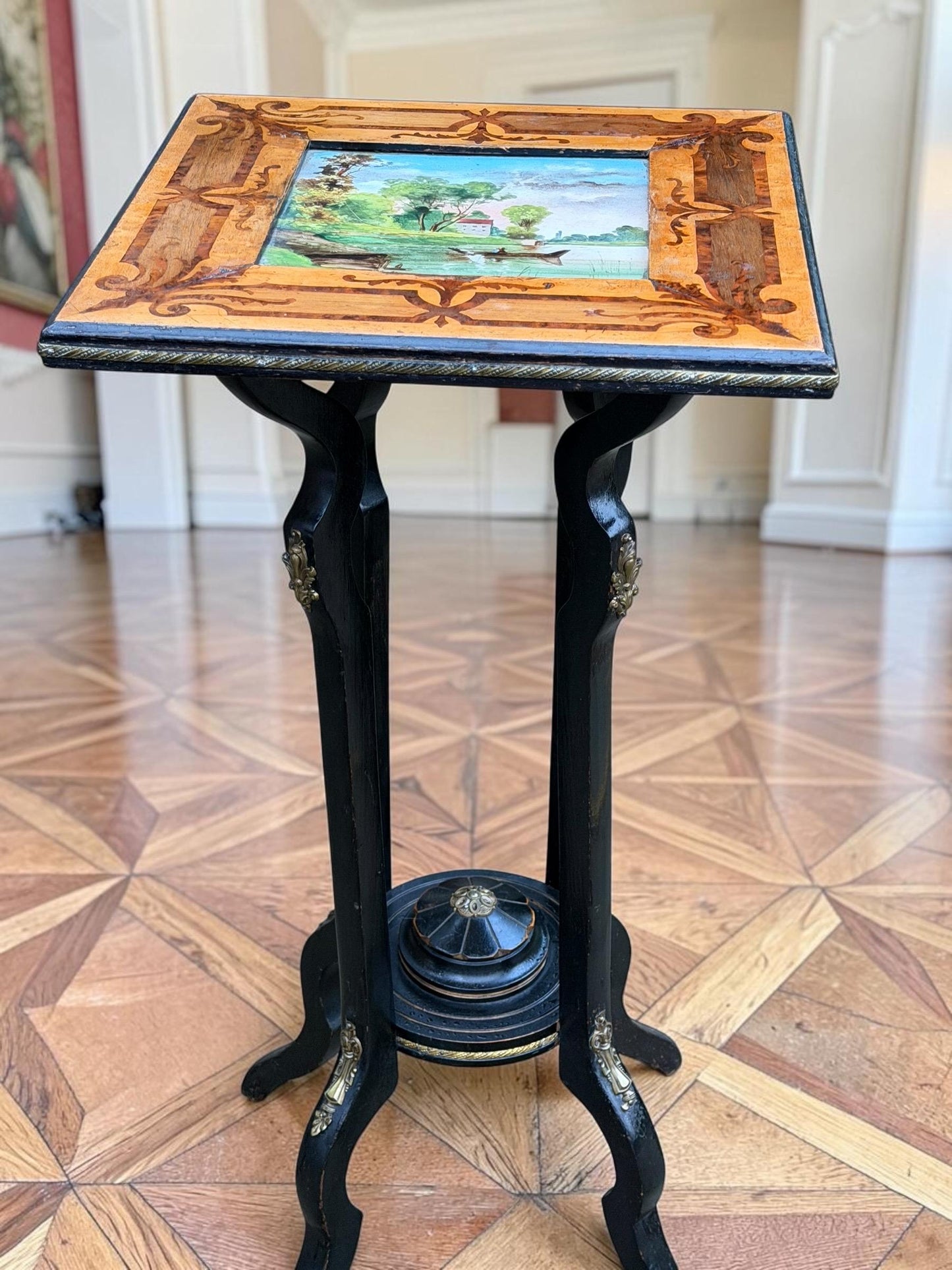 French Napoleon III Marquetry Plant Stand with Hand-Painted Ceramic Tile, circa 1860, antique sidetable.