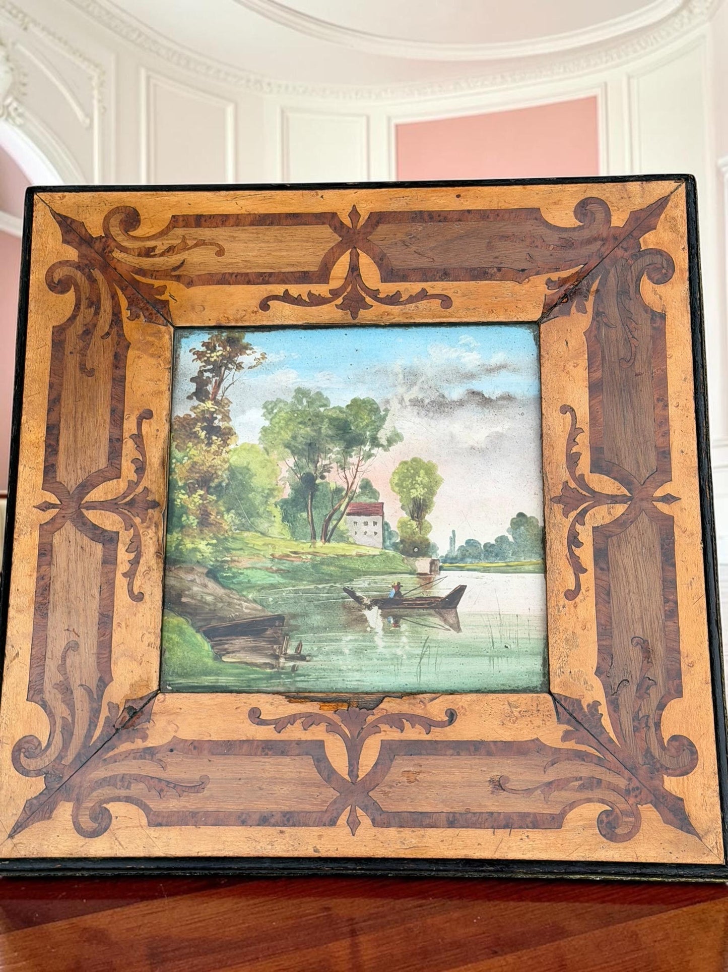 French Napoleon III Marquetry Plant Stand with Hand-Painted Ceramic Tile, circa 1860, antique sidetable.