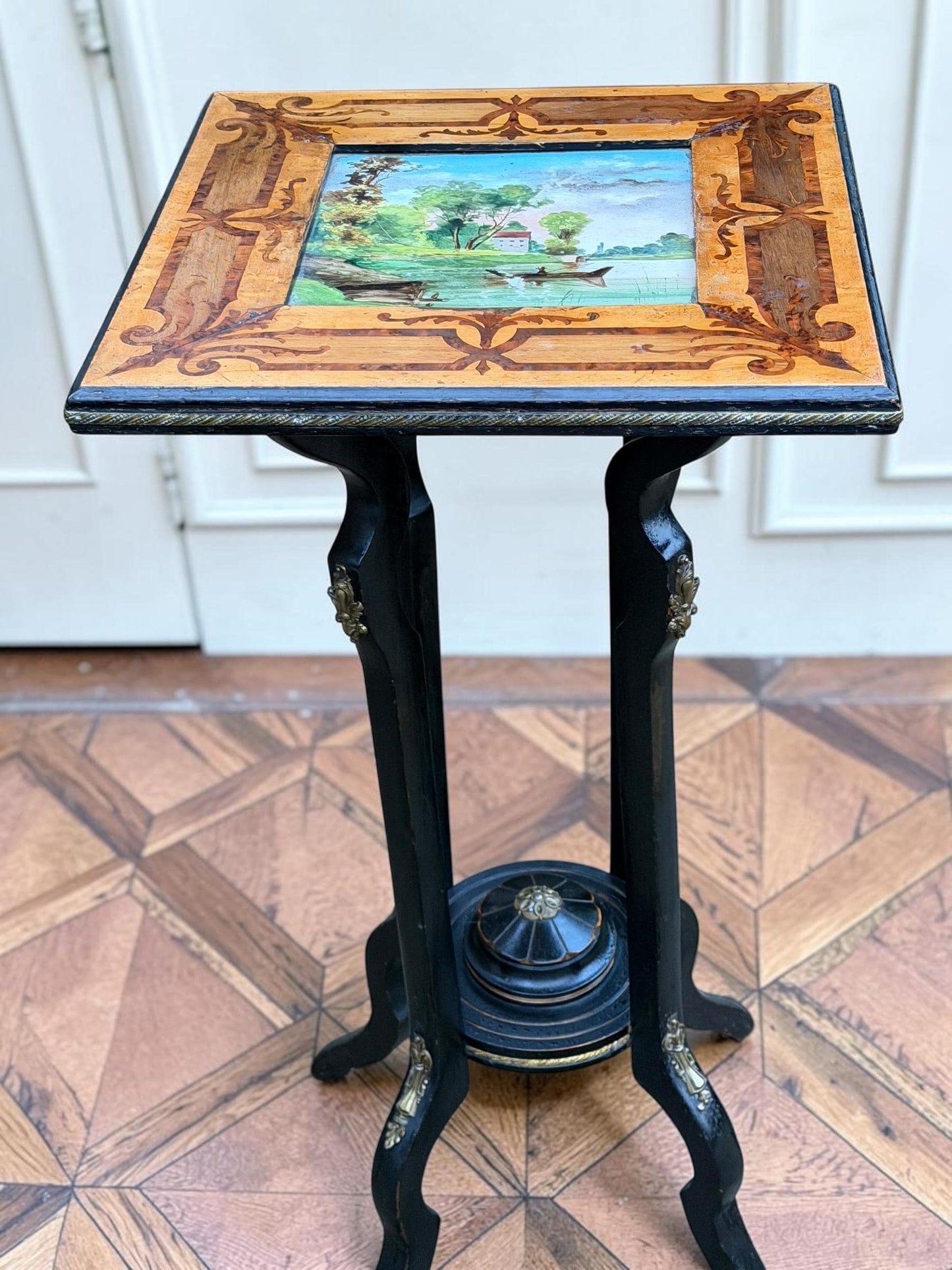 French Napoleon III Marquetry Plant Stand with Hand-Painted Ceramic Tile, circa 1860, antique sidetable.