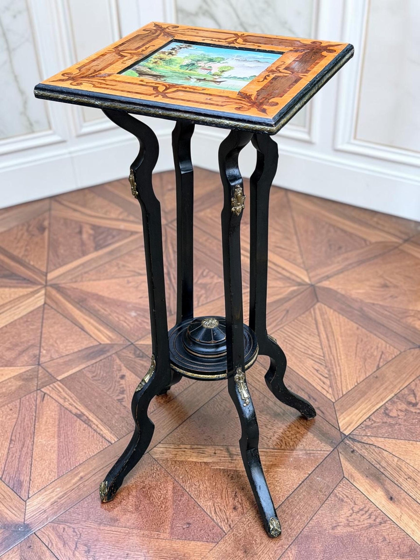 French Napoleon III Marquetry Plant Stand with Hand-Painted Ceramic Tile, circa 1860, antique sidetable.