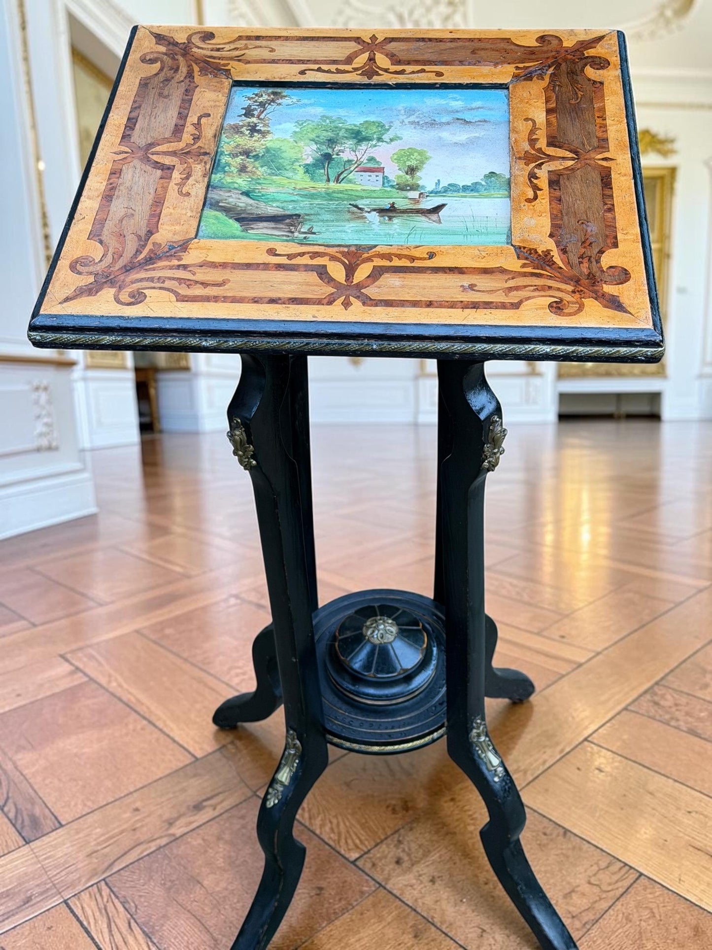 French Napoleon III Marquetry Plant Stand with Hand-Painted Ceramic Tile, circa 1860, antique sidetable.