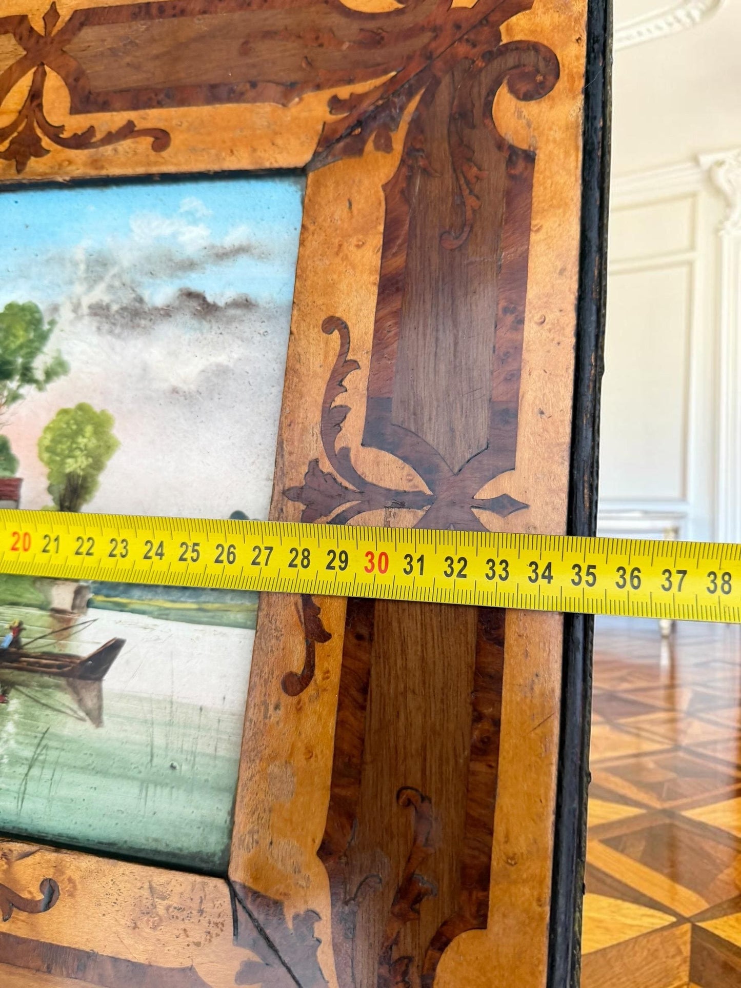 French Napoleon III Marquetry Plant Stand with Hand-Painted Ceramic Tile, circa 1860, antique sidetable.