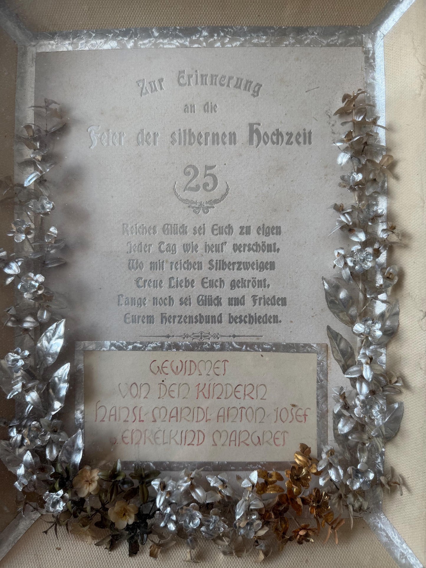 Rare German silver wedding anniversary shadow box dating 1920s. Brocante 3d viewing box 25 wedding w. silver german bridal tiara inside