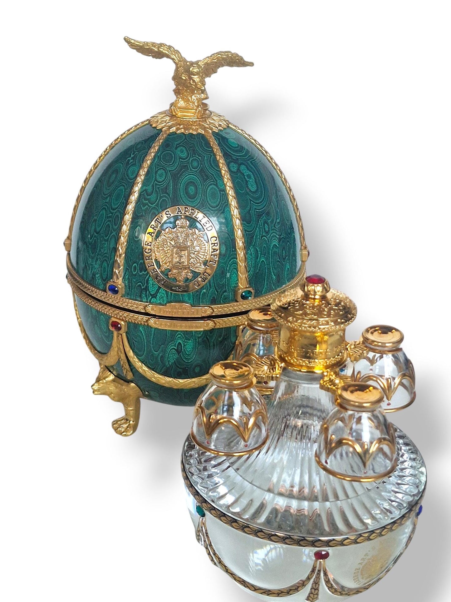 Faberge Egg, Imperial Collection liquer Decanter Set - Gold & Crystal, Limited Edition Fabergé emerald green