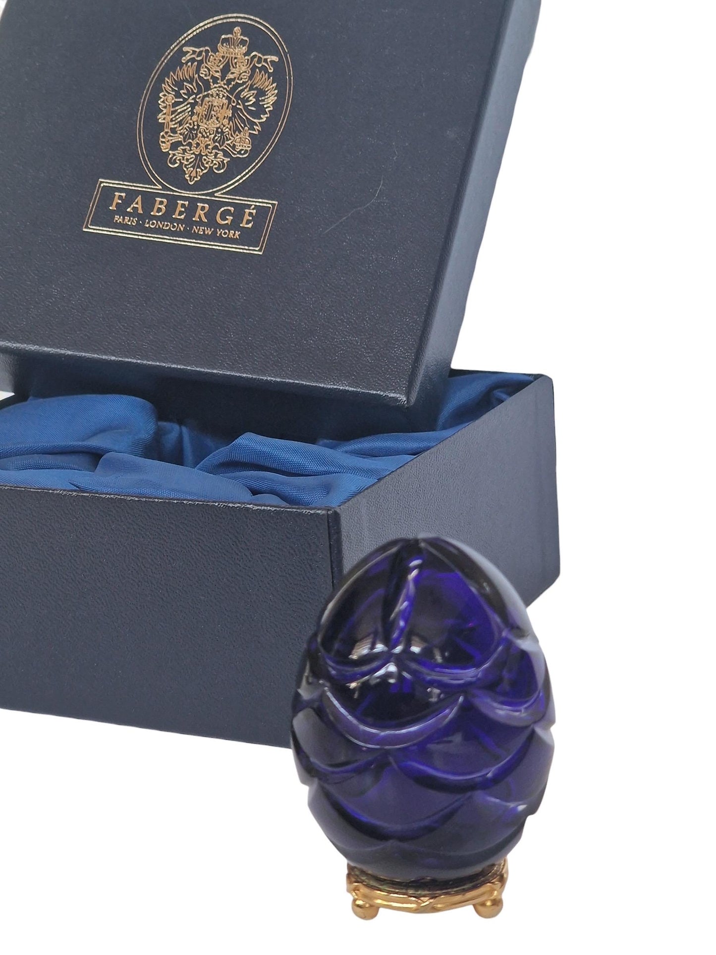 Signed Faberge Imperial boxed Crystal Egg, Limited Edition, sapphire blue