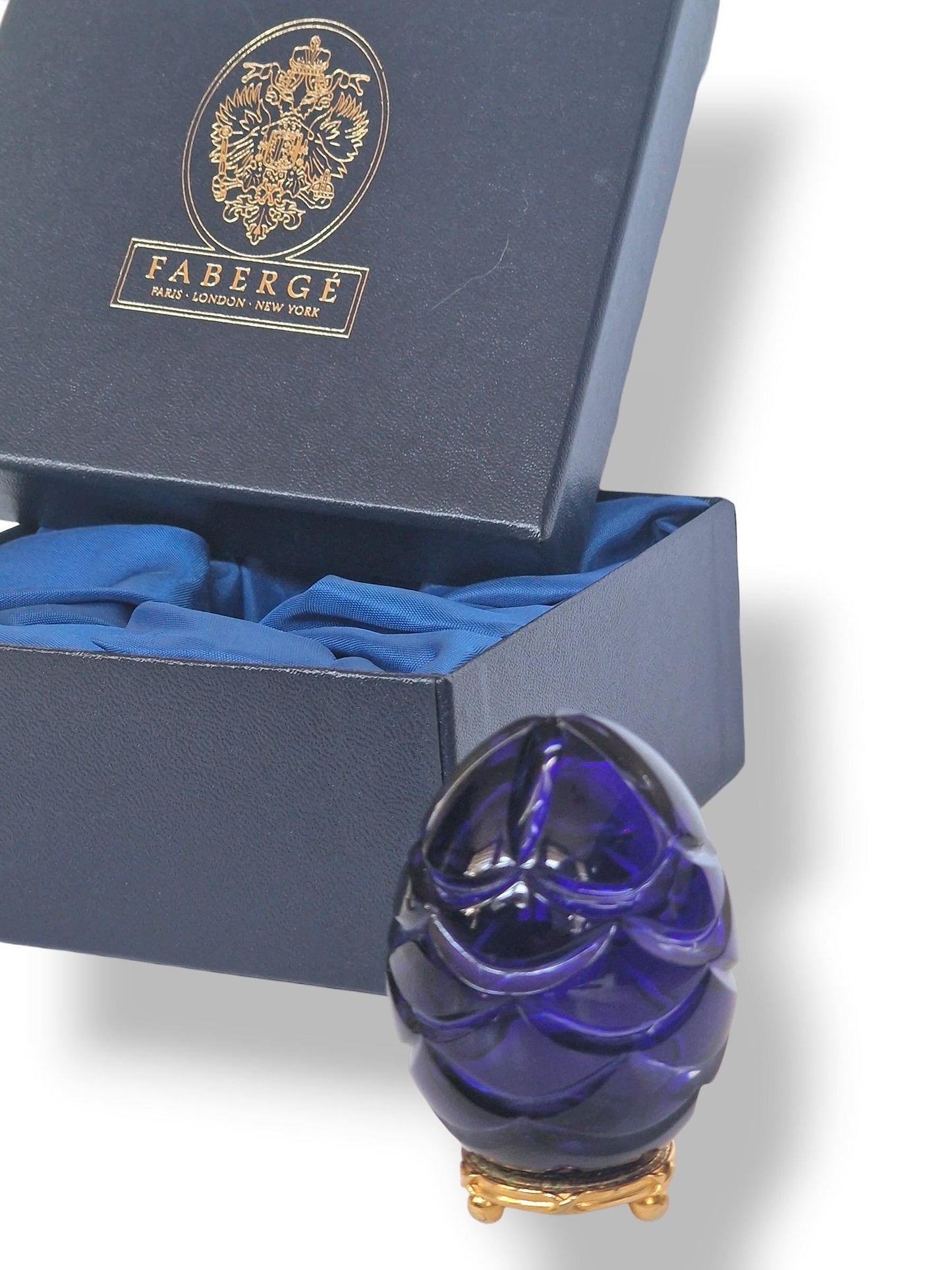 Signed Faberge Imperial boxed Crystal Egg, Limited Edition, sapphire blue
