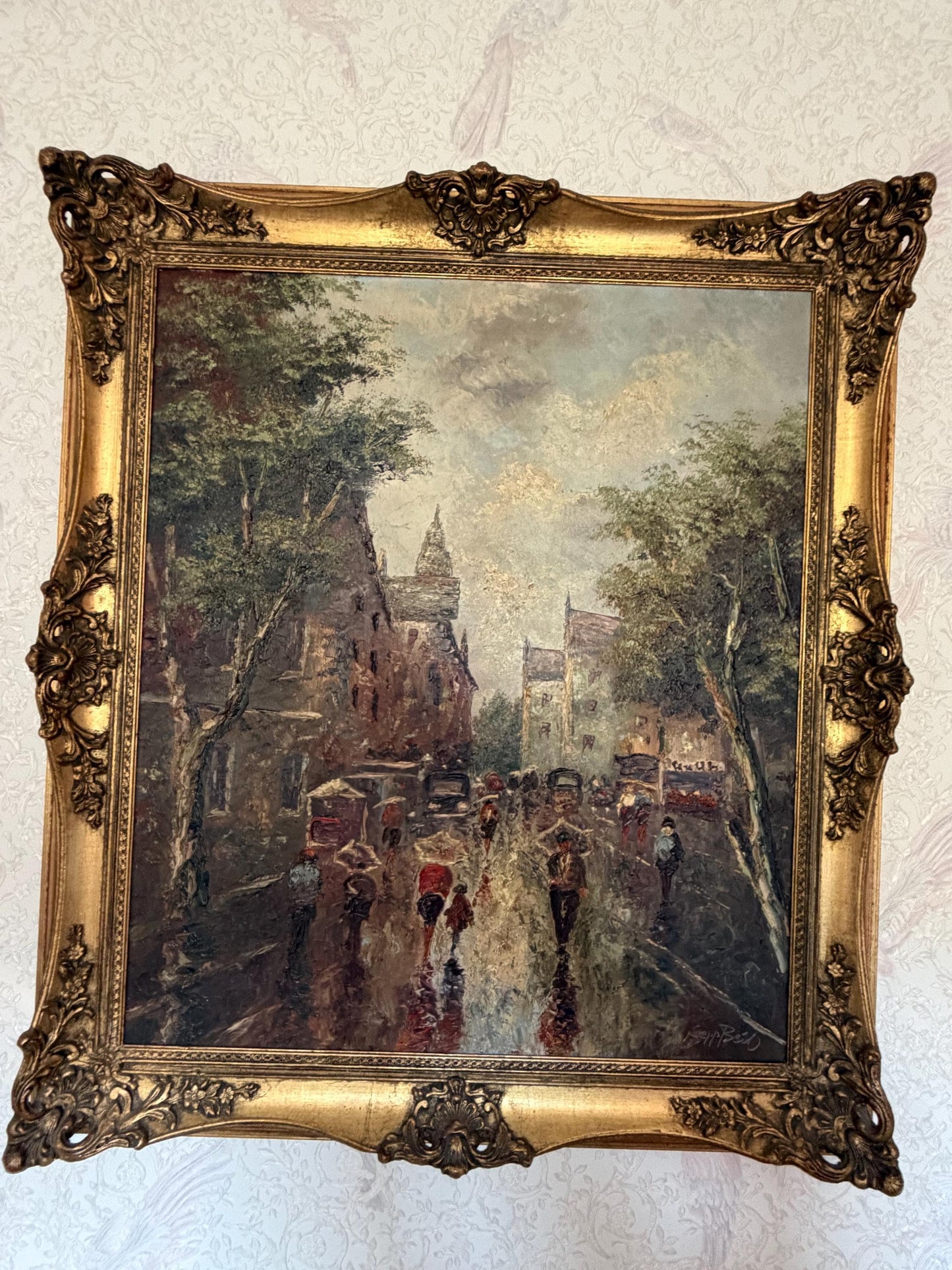 Josef “Sepp” Beil – Rain in Munich - impressionist, Large Oil on Canvas, 1950-1960, 82 x 72 vm