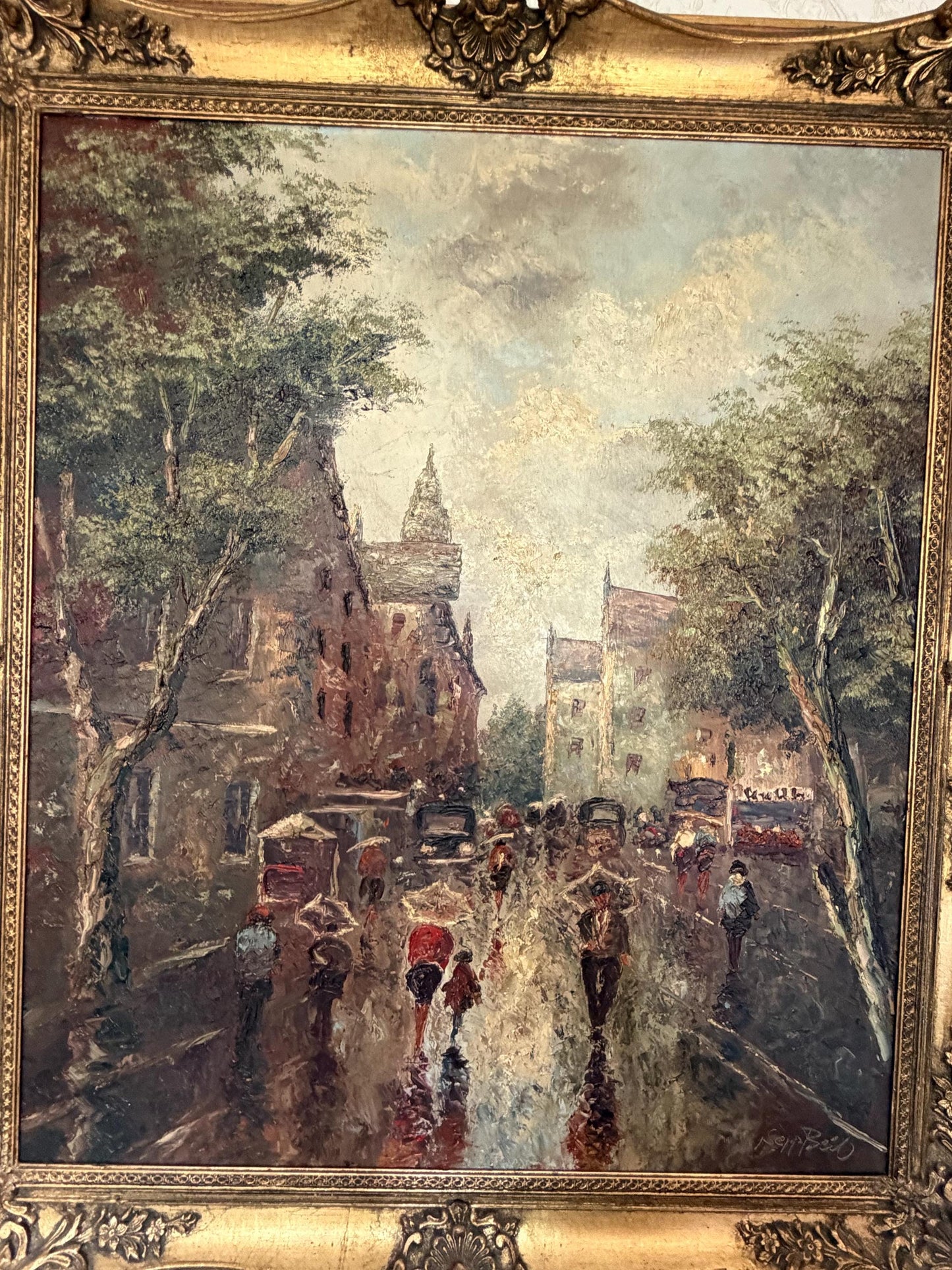 Josef “Sepp” Beil – Rain in Munich - impressionist, Large Oil on Canvas, 1950-1960, 82 x 72 vm
