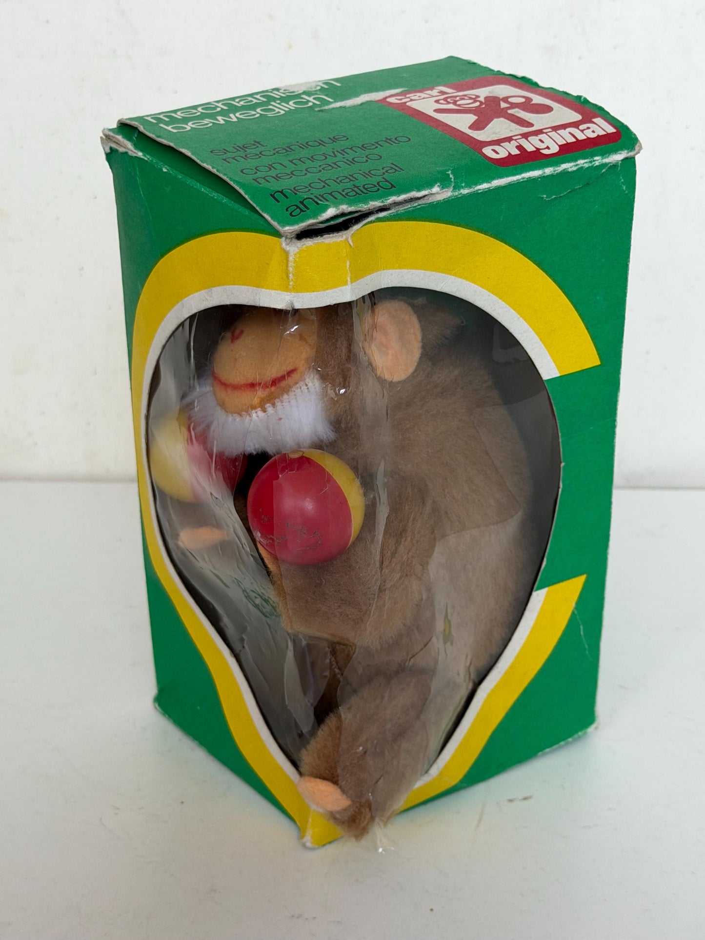 Carl Original mechanical toy Wind-Up Monkey with sambaBalls in Original Box – Mid-Century German Toy ape musician